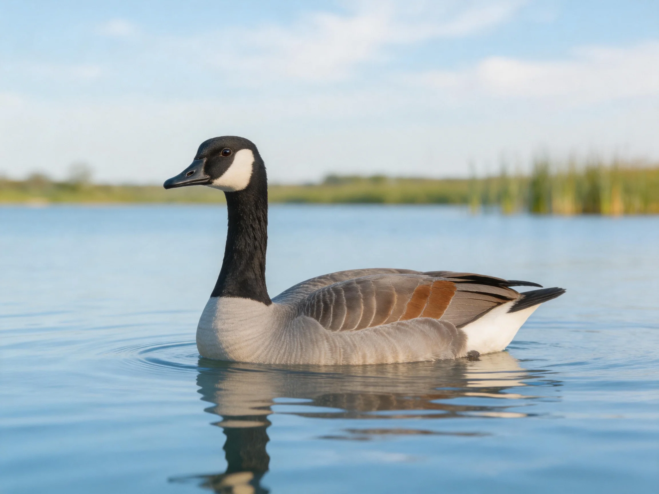 Canada goose gliding on calm blue water near green shoreline vegetation