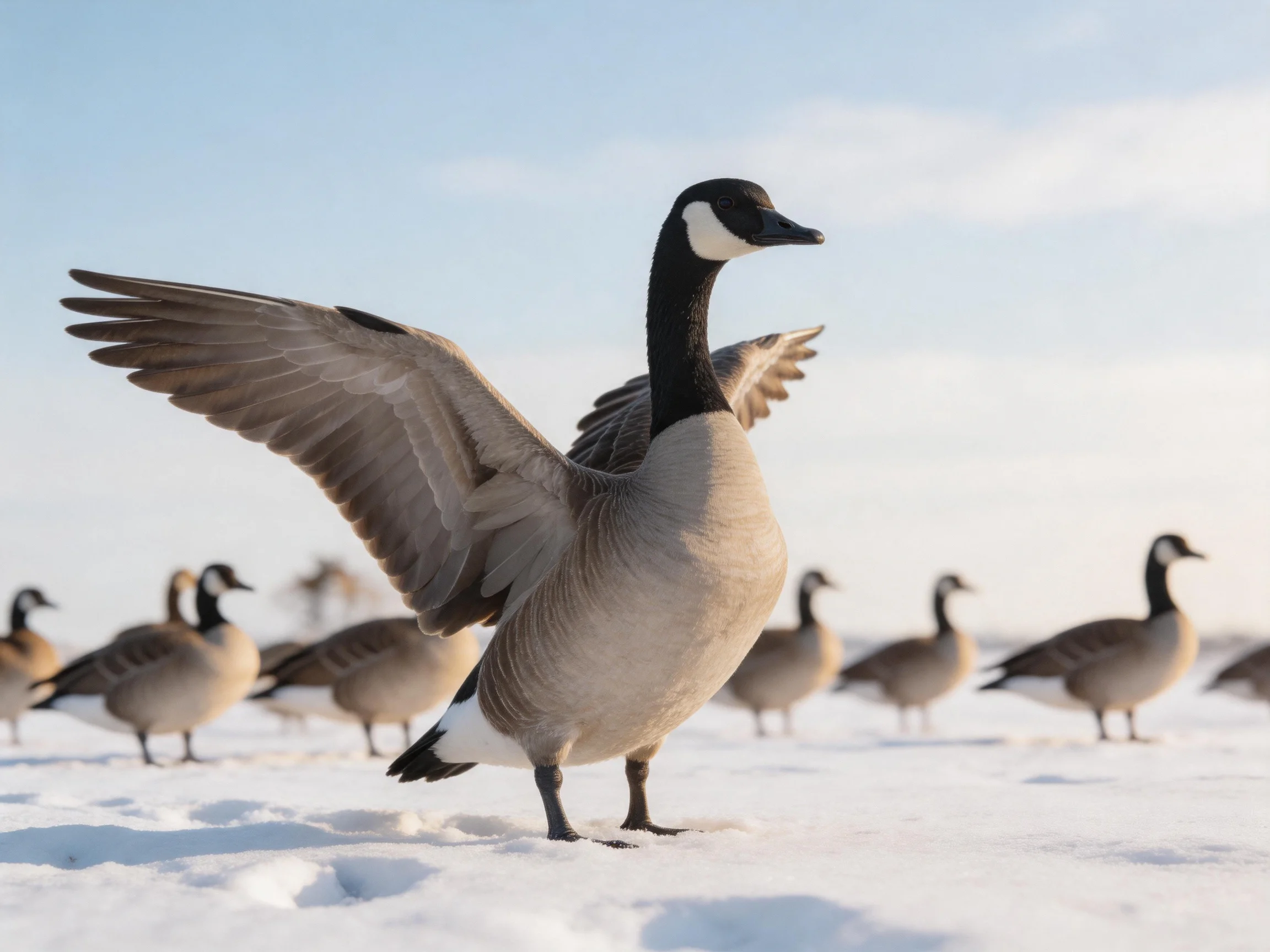 Canada goose spreading wings amid group on snowy landscape