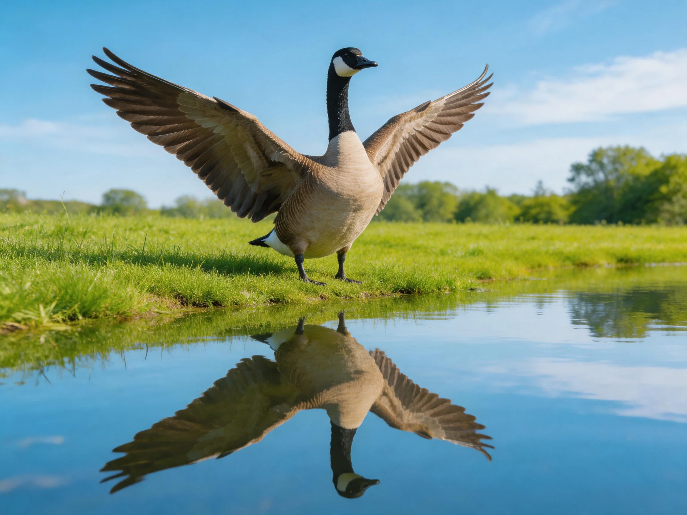Canada goose spreading wings beside reflective water