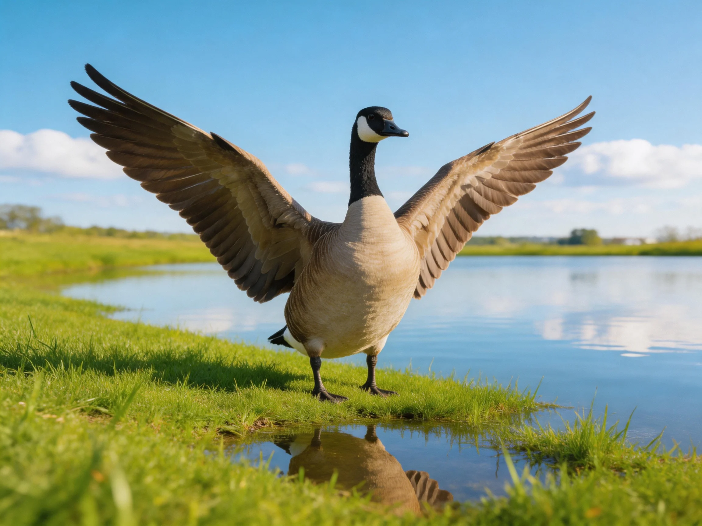 Canada goose spreading wings by calm water on sunny day
