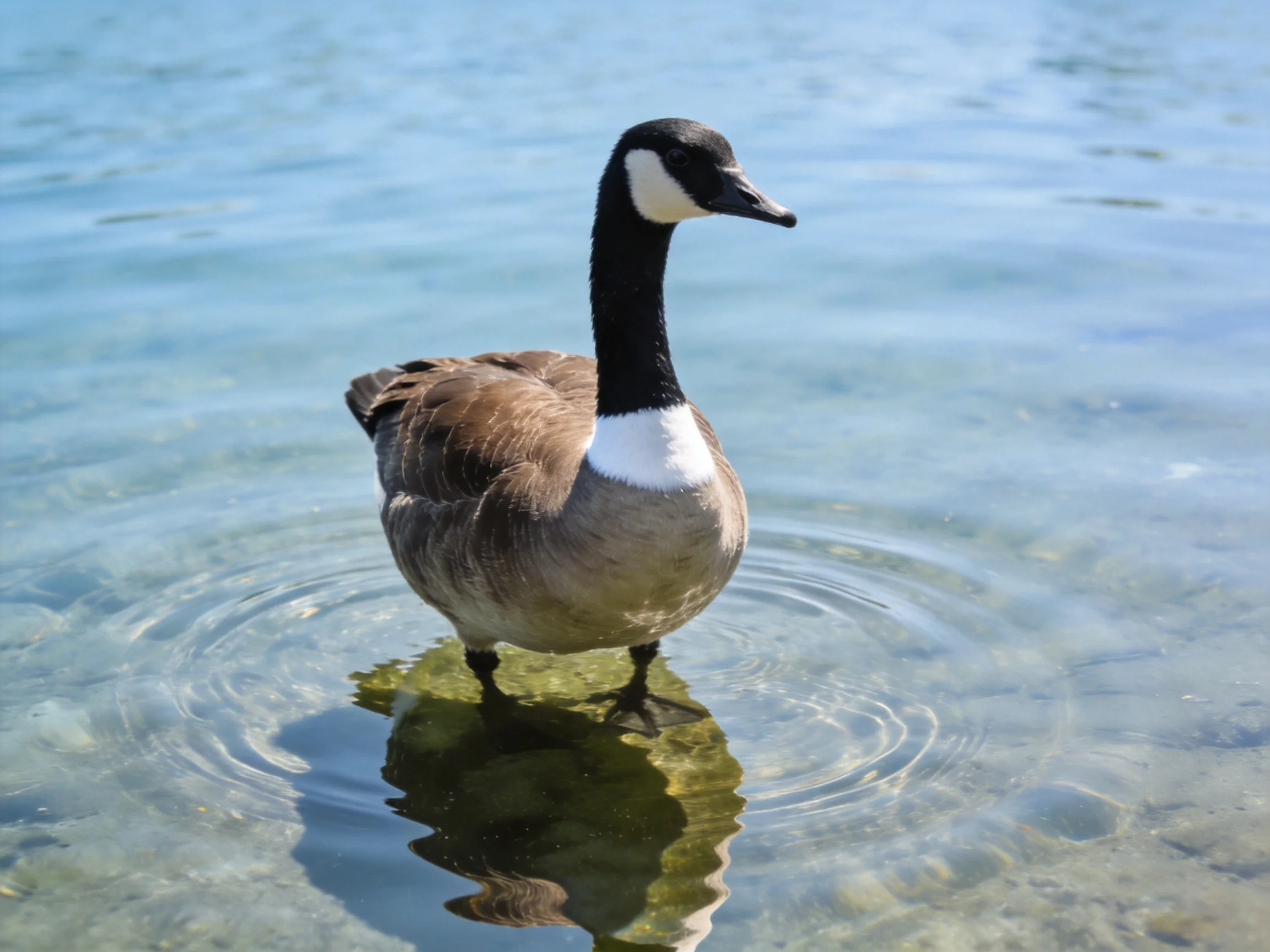 Canada goose with black neck, white neck patch, brown body in clear water