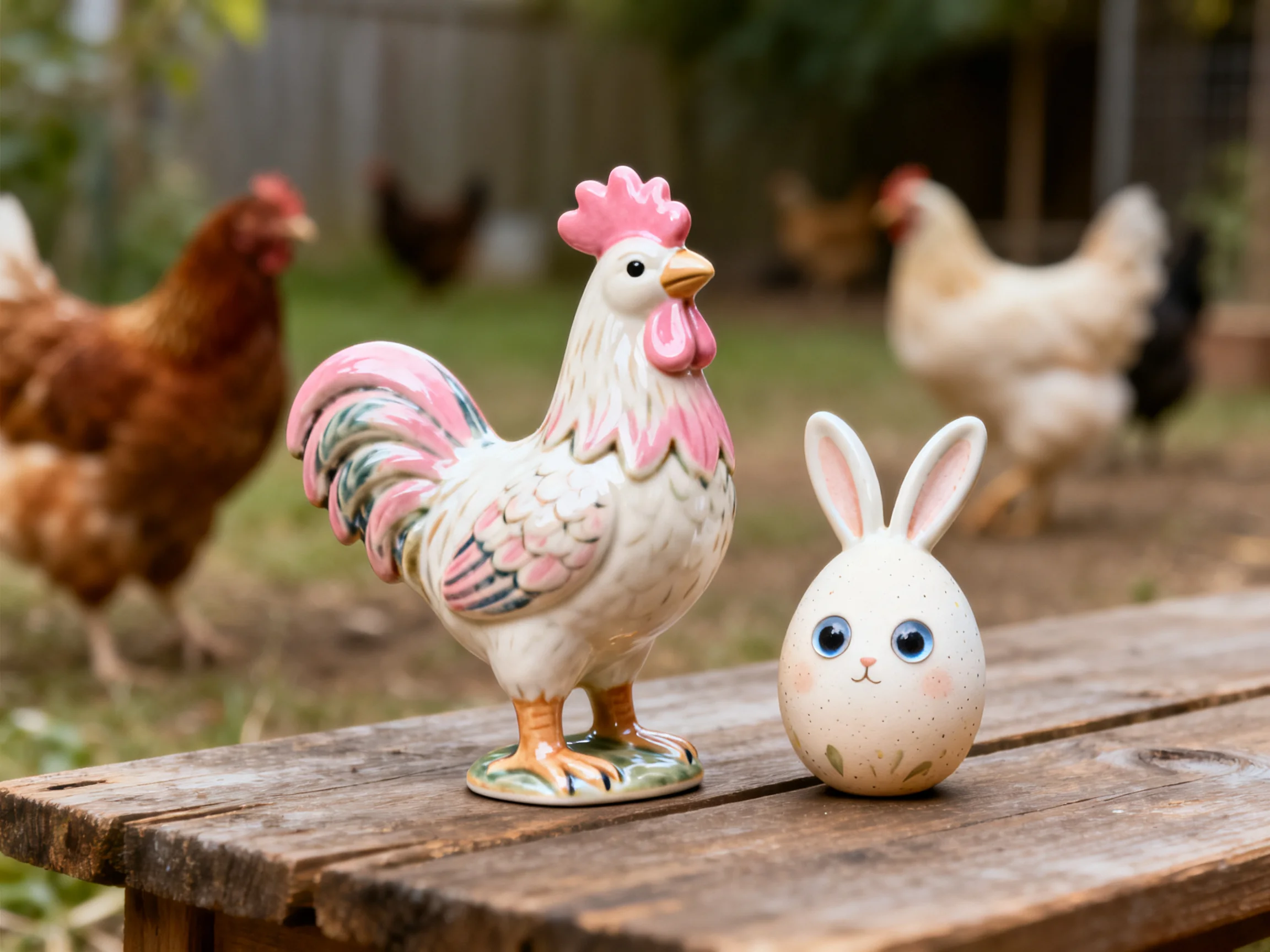 Ceramic rooster and rabbit figurines on wooden table with live chickens