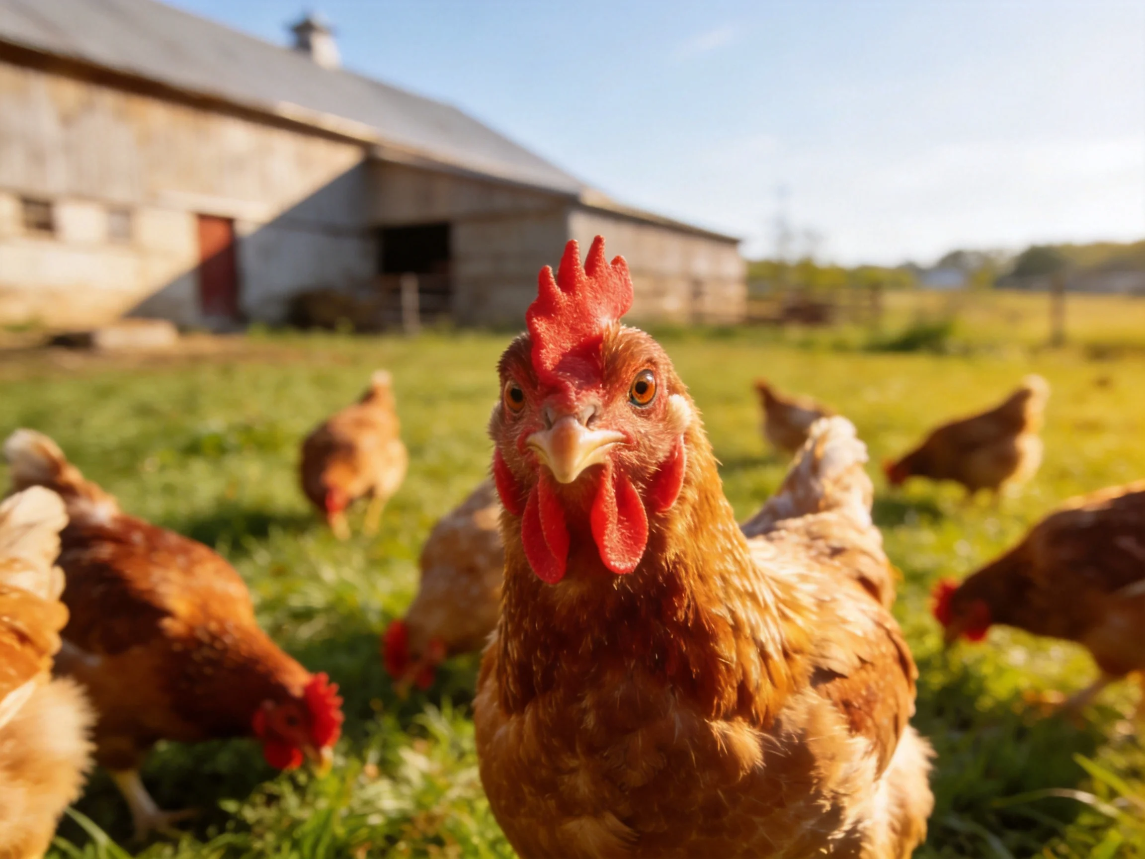 Chickens foraging in a sun-drenched farmyard beside an old barn
