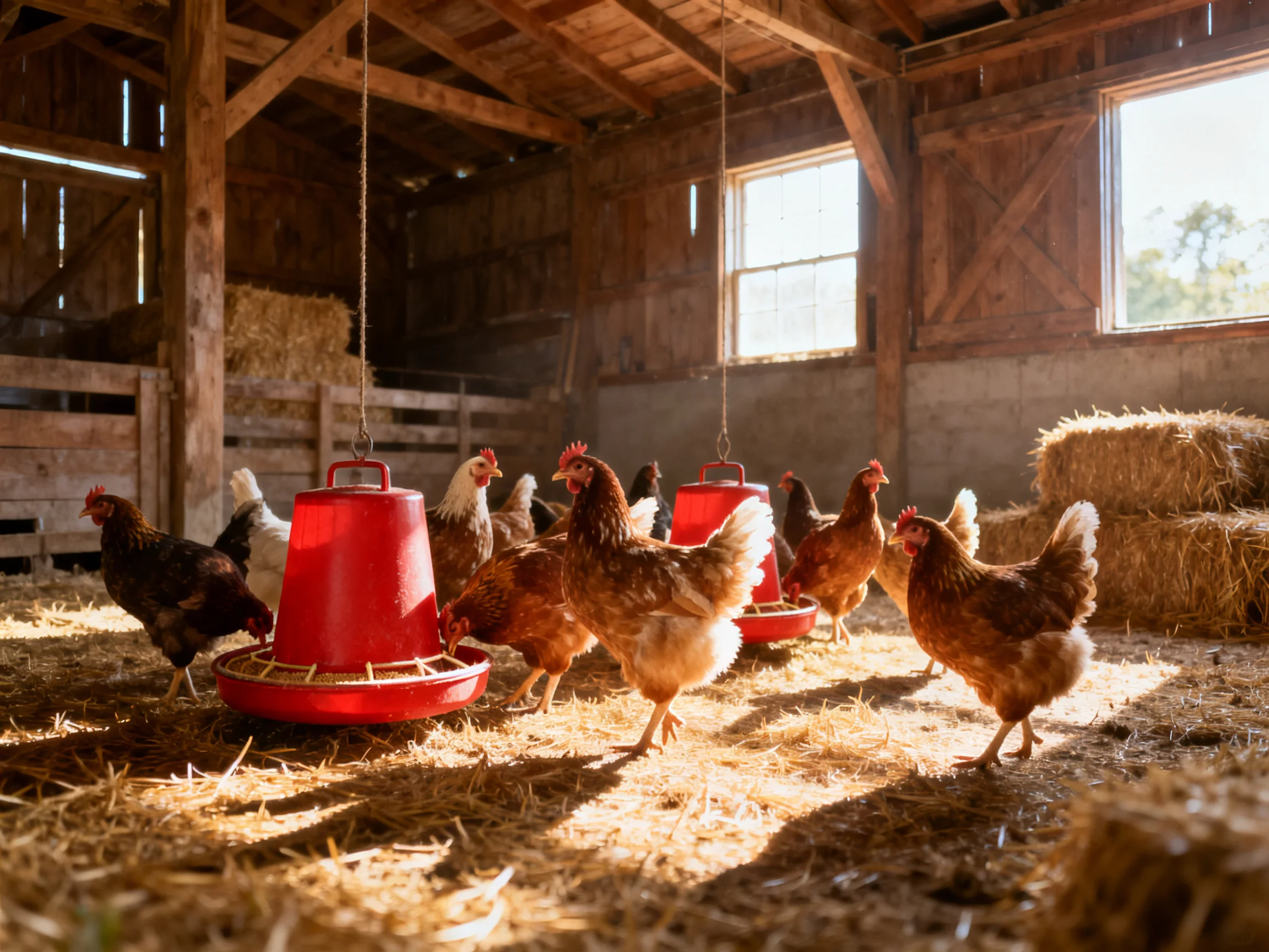 Chickens gather around red feeders in a sunlit wooden barn with hay bales
