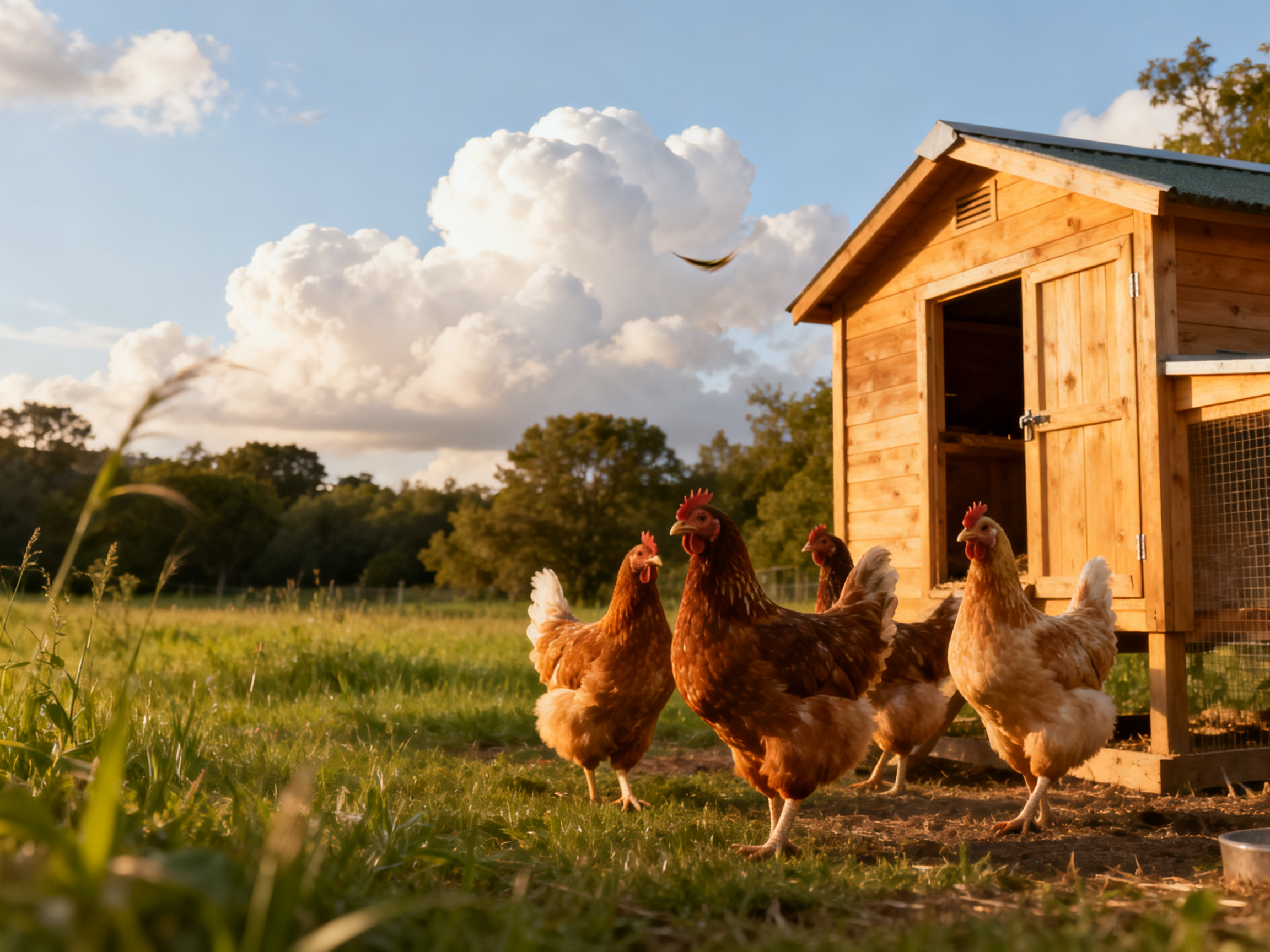 Chickens in varied brown shades near a wooden coop in a sun-drenched field