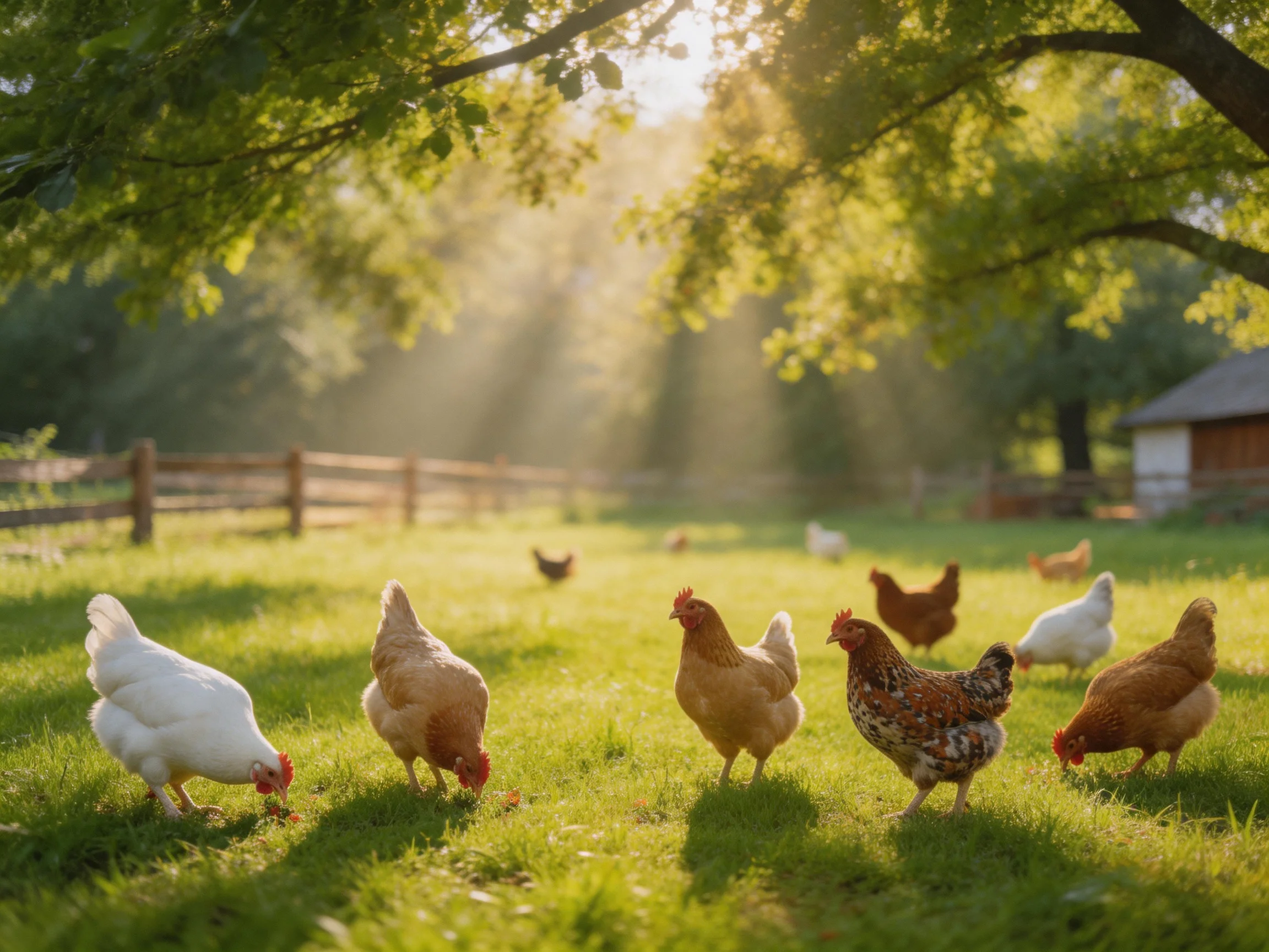 Chickens of multiple colors forage in a sunlit grassy farmyard