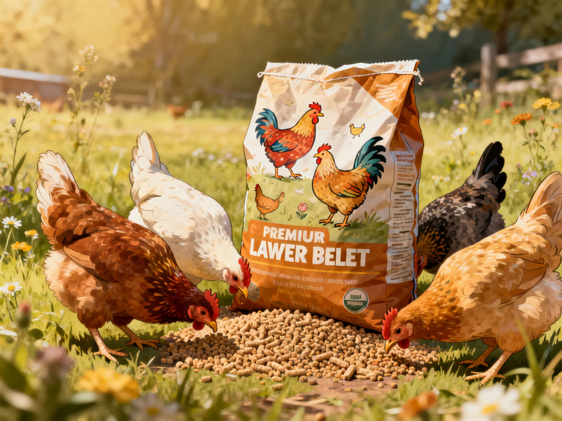 Chickens of multiple hues gather around a premium feed bag in a sunlit meadow