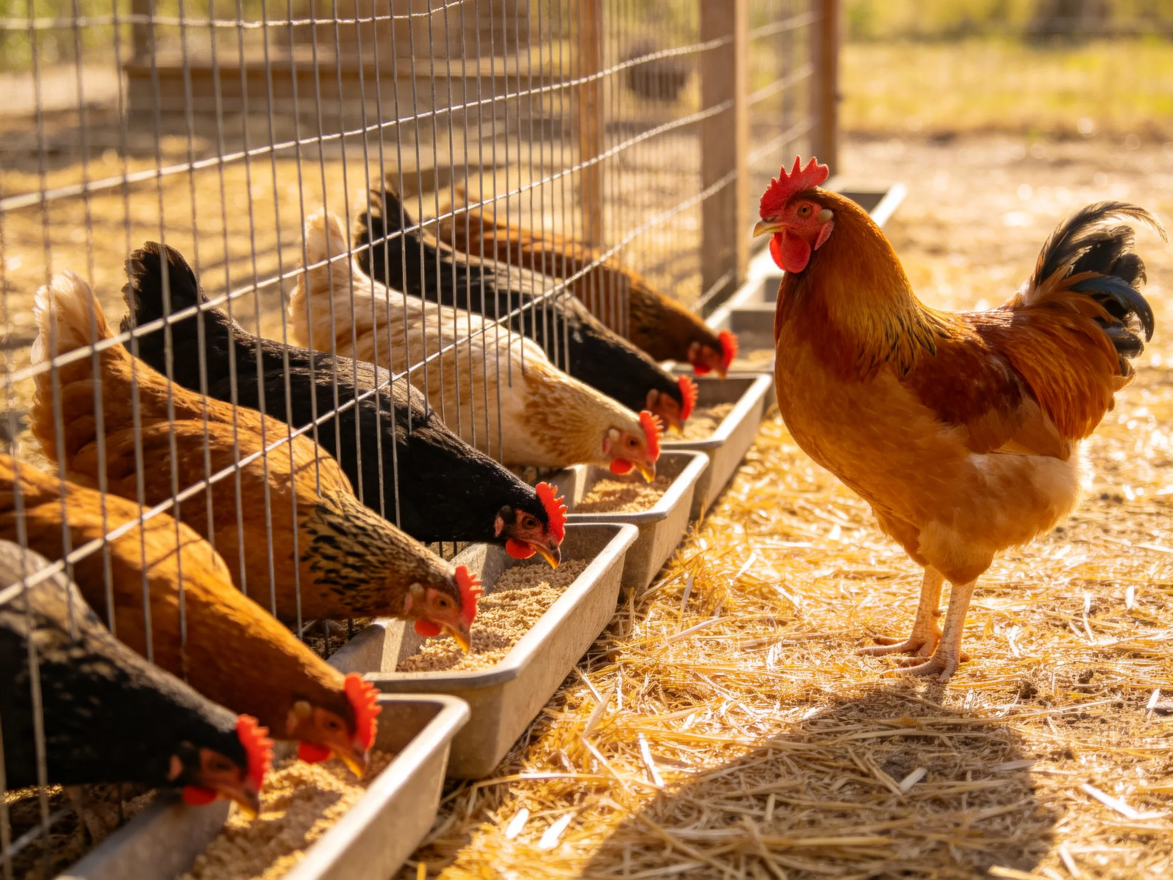 Chickens of various colors eat from feeders beside a brown rooster