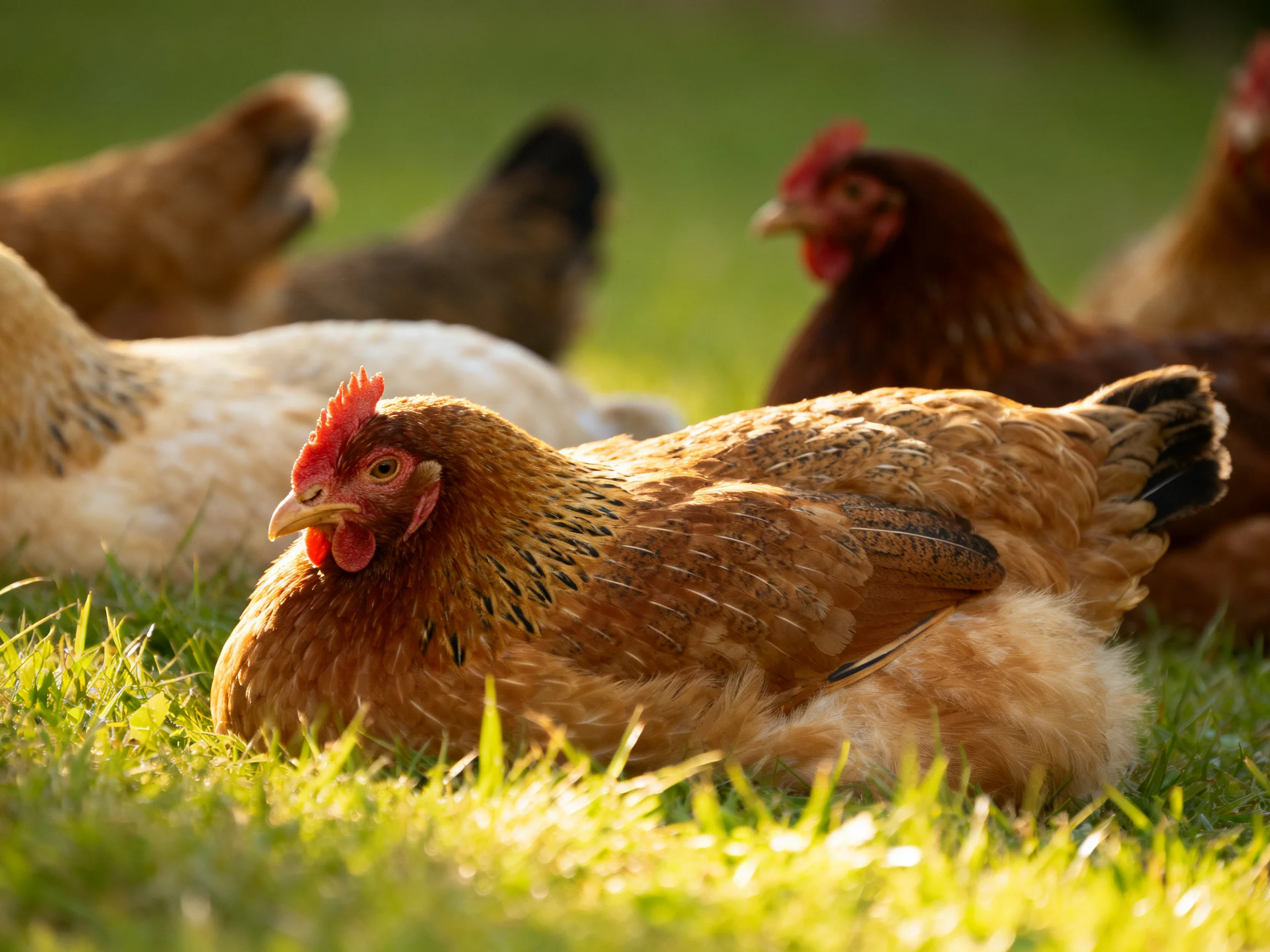 Chickens resting in sunlit green grass with varied feather patterns