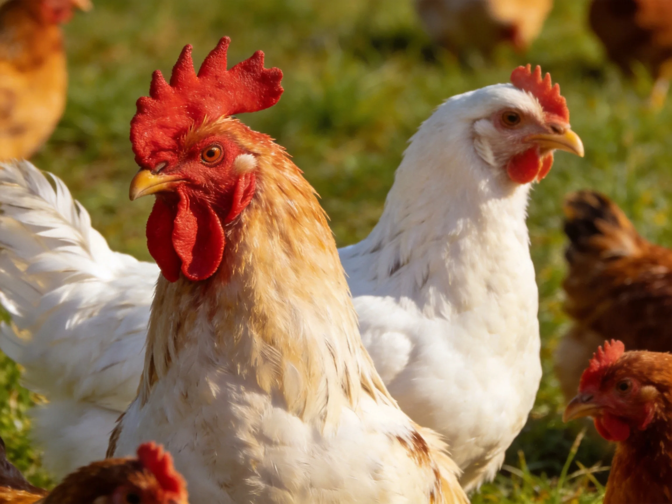 Chickens with red combs and varied feather colors in grassy environment