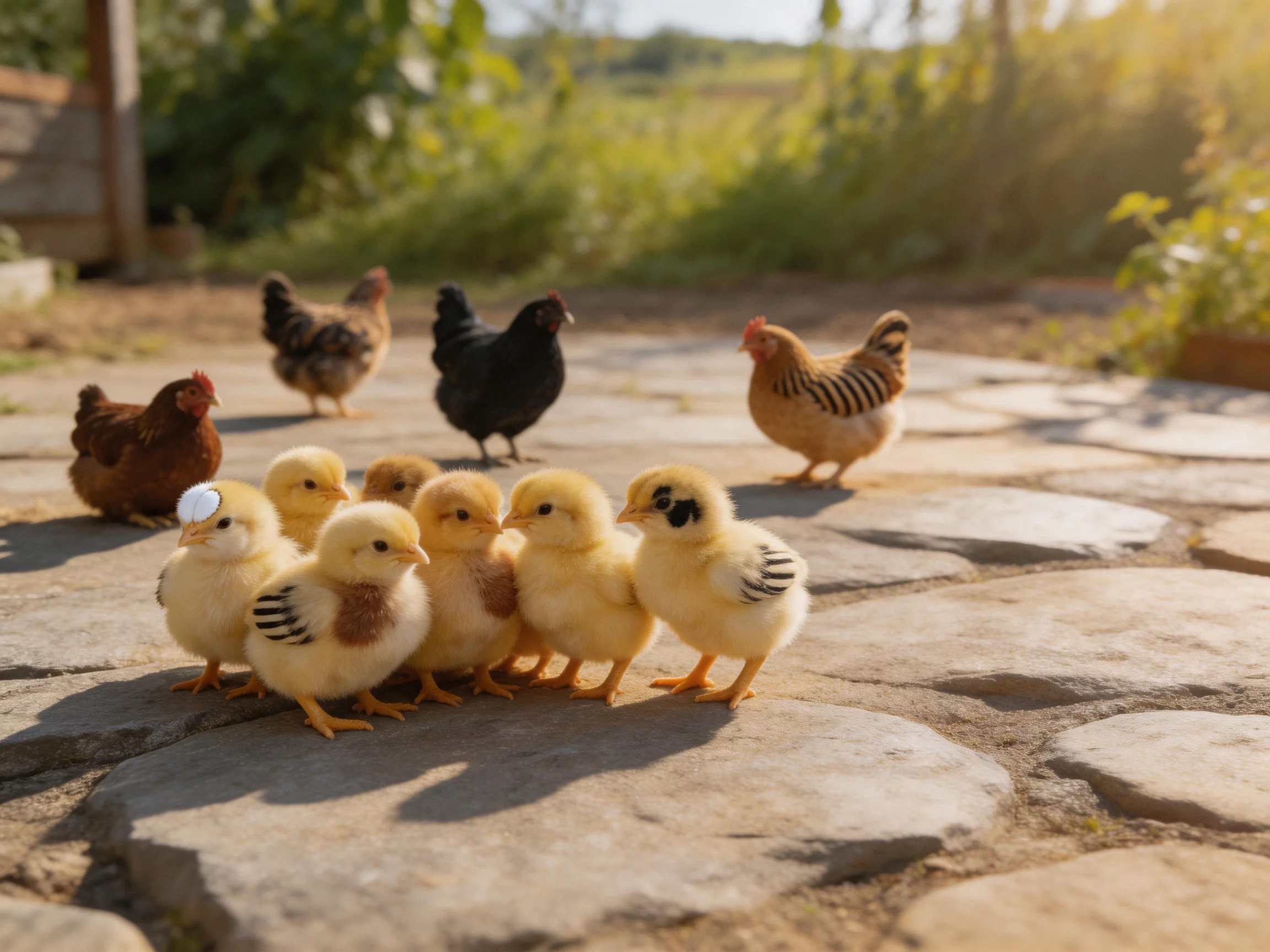 Chicks and hens in assorted colors on a sunlit stone patio