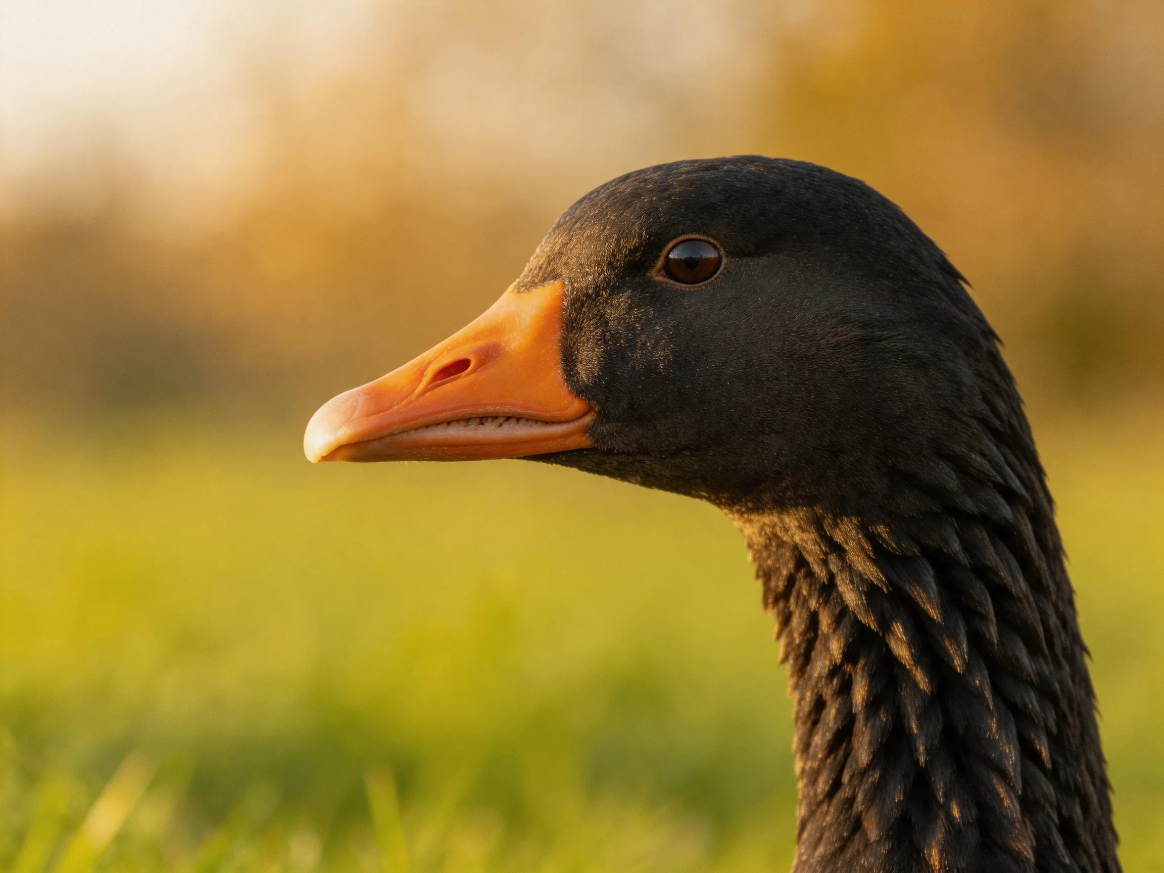 Close - of a black goose with orange beak in a sunlit field