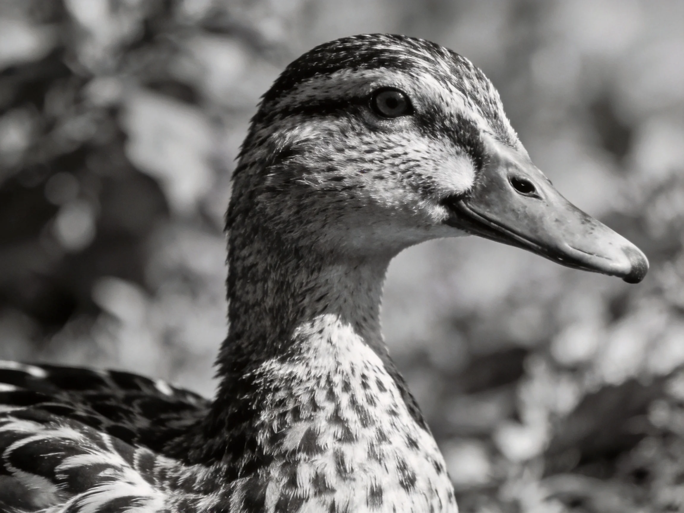 Close - up black and white portrait of a duck with speckled plumage
