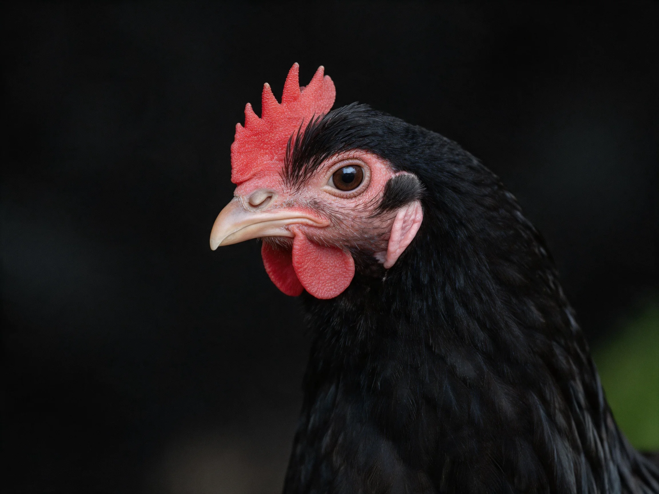 Close-up of a black chicken with bright red comb and wattles