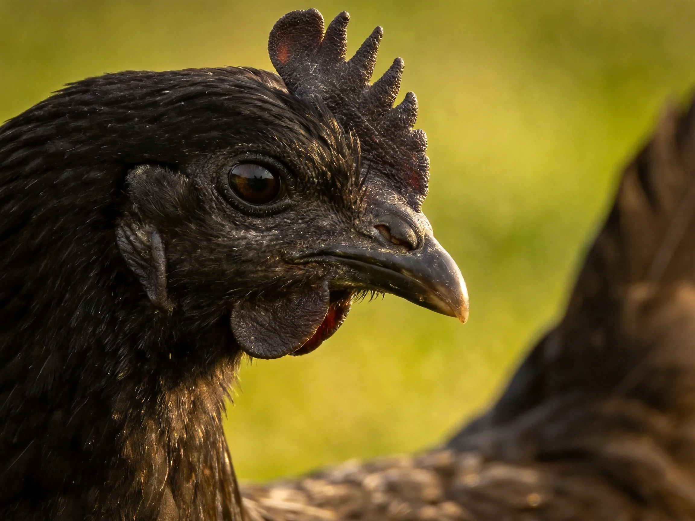 Close - up of a black chicken with prominent comb and feather details