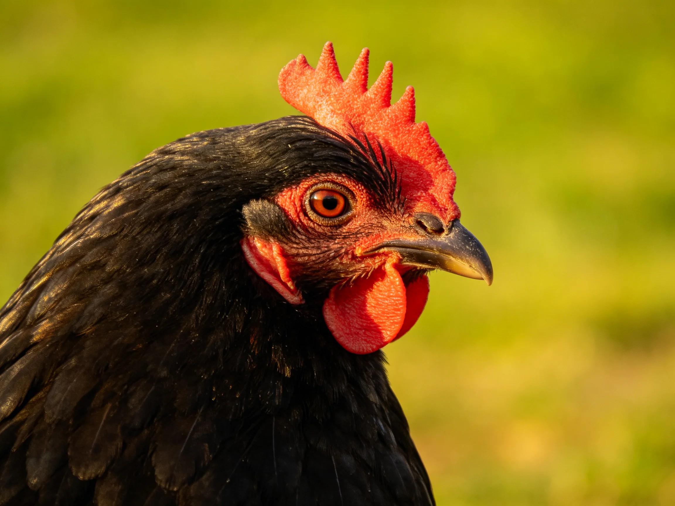 Close - up of a black chicken with a bright red comb and wattles against a blurred green background.