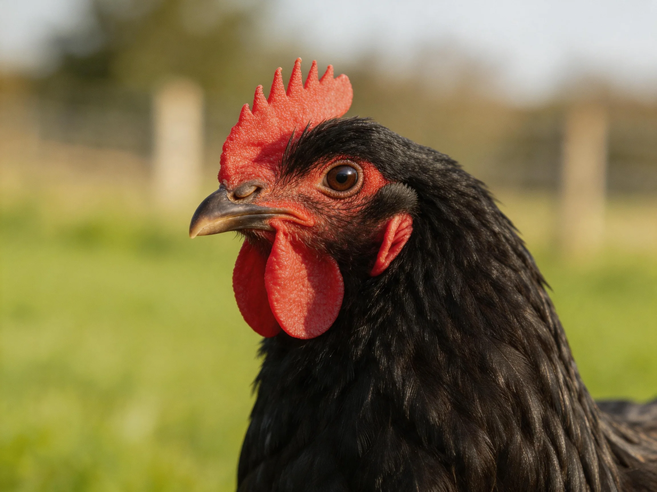 A close-up focuses on a black chicken with bright red comb and wattles.