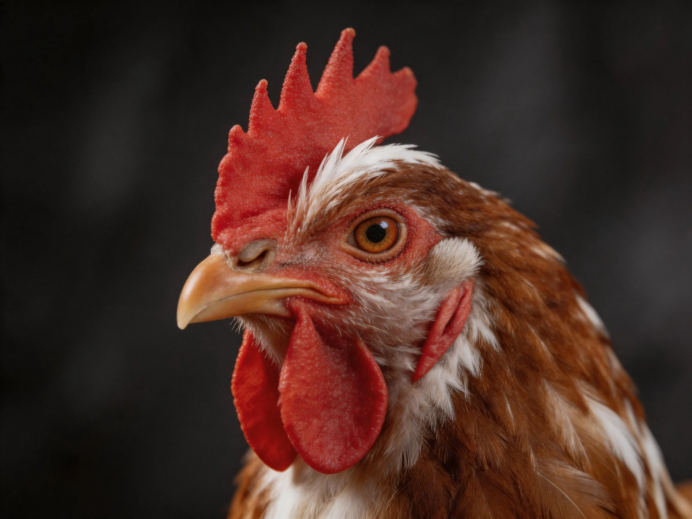 Close-up of a brown and white chicken with vivid red comb