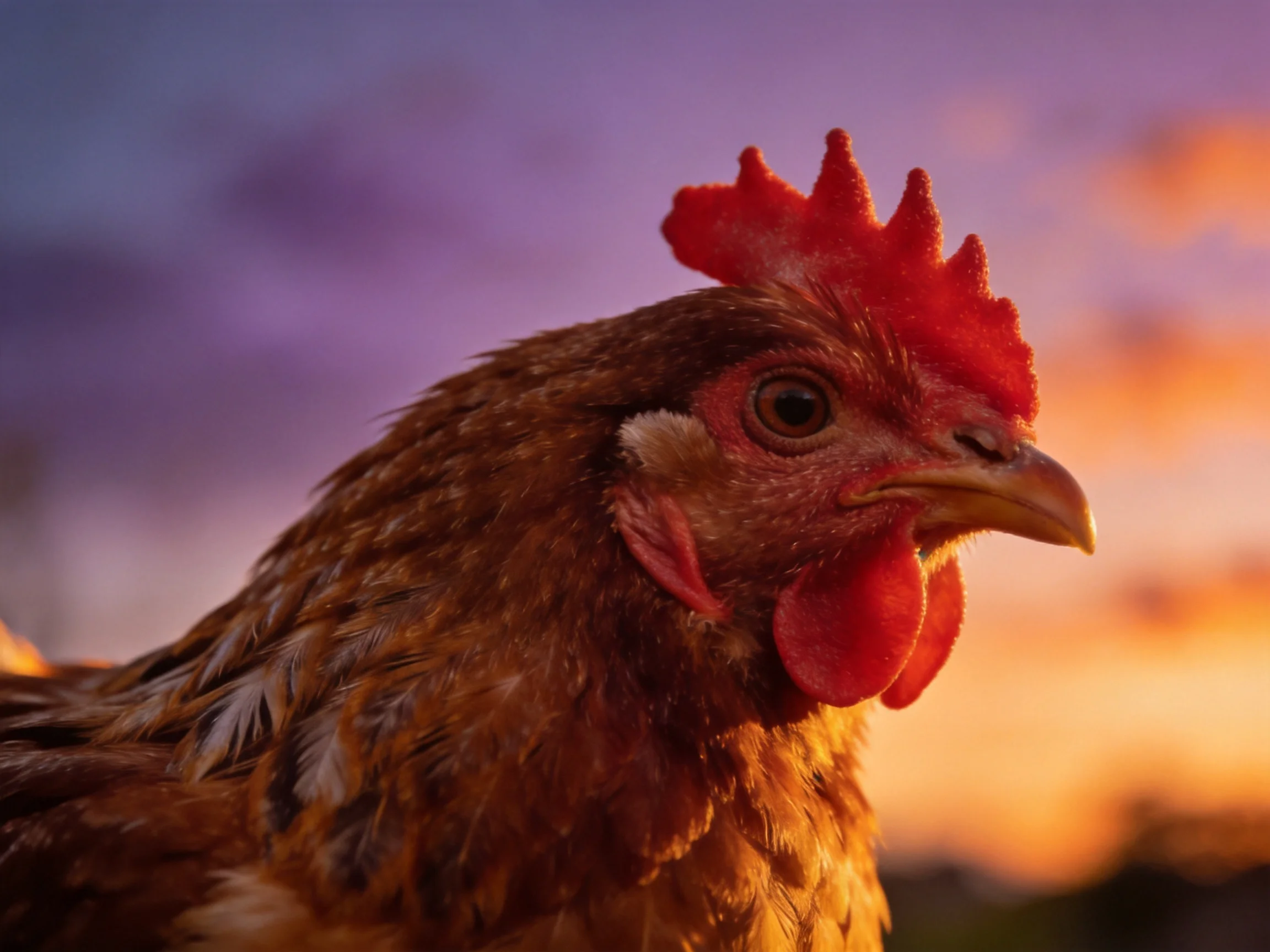 Close-up of a brown chicken with vibrant red comb against a purple-orange sunset sky