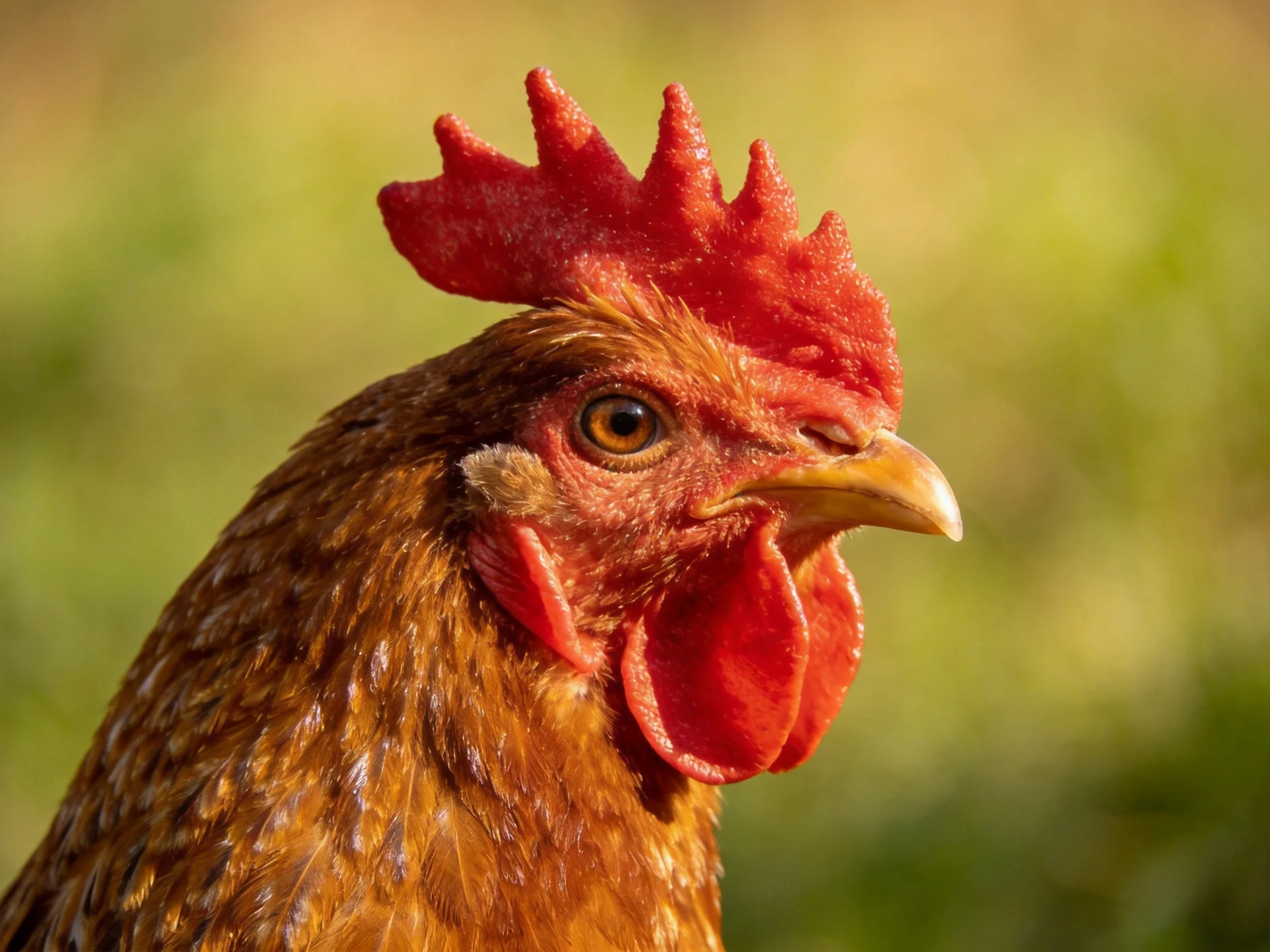 Close-up of a brown-feathered chicken with vibrant red comb and wattle