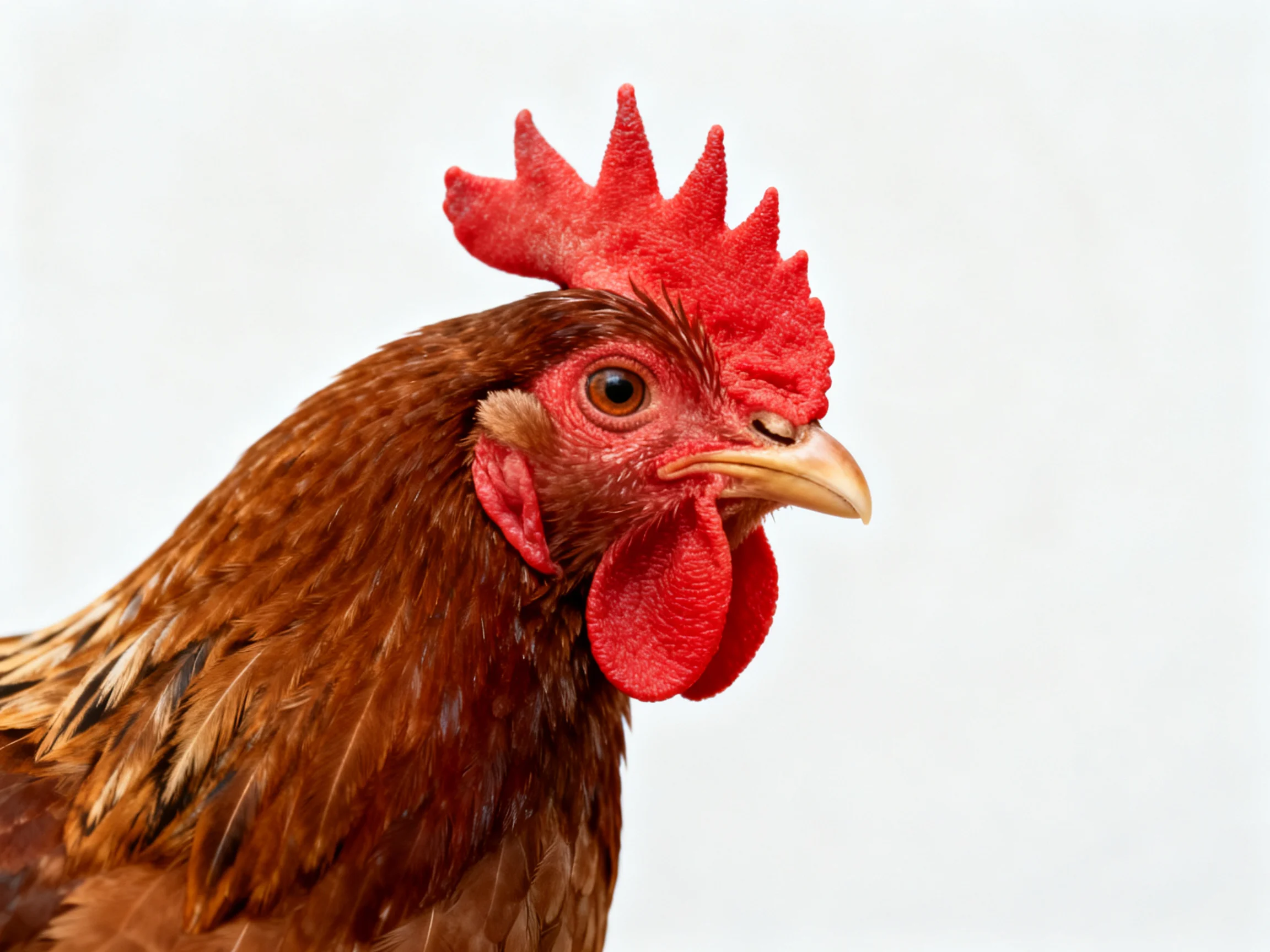 Close-up of a brown-feathered chicken with vibrant red comb