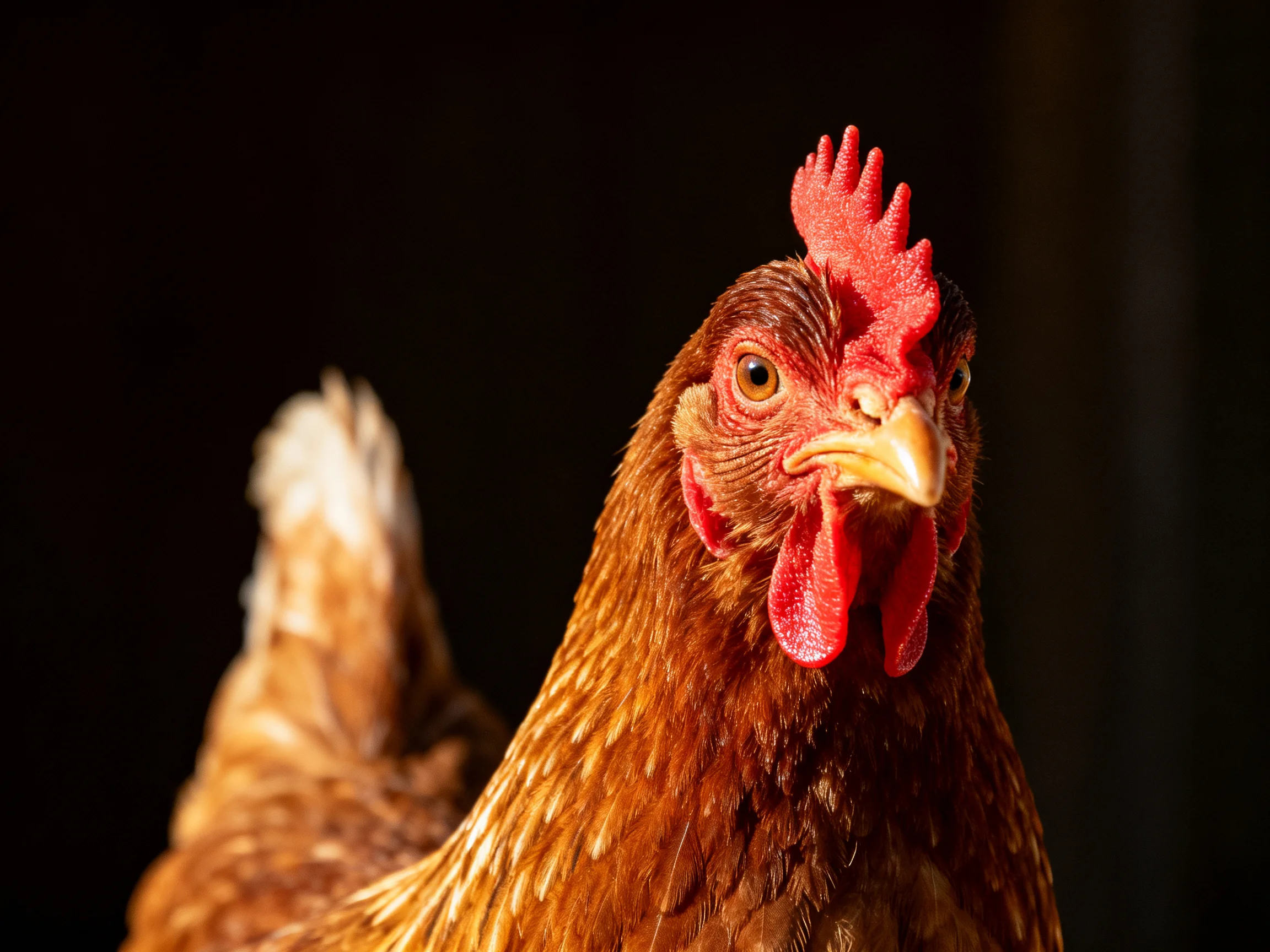 Close-up of a brown hen with vibrant red comb and wattles