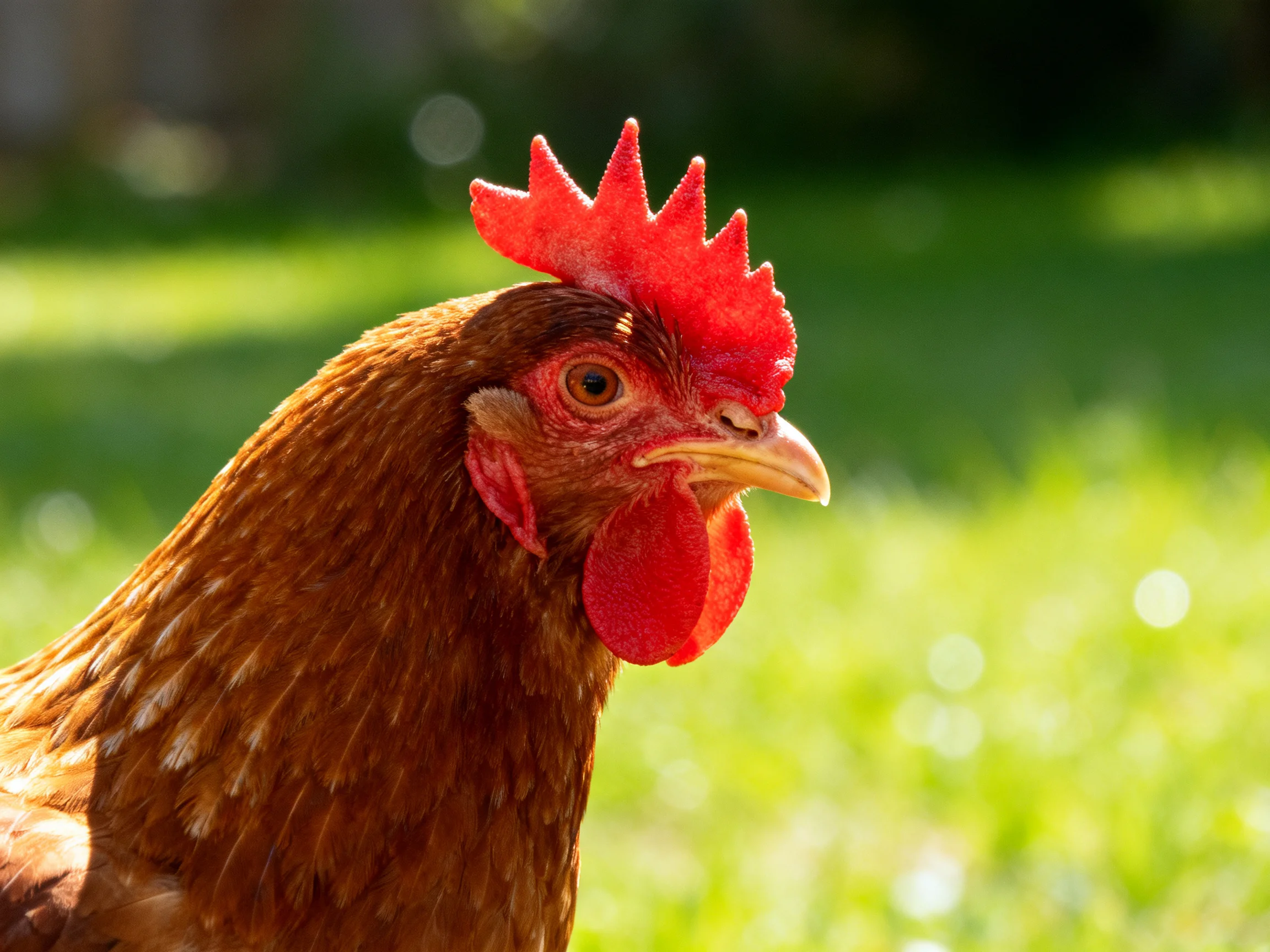 Close-up of a brown hen with vibrant red comb and wattles in a sunlit outdoor area