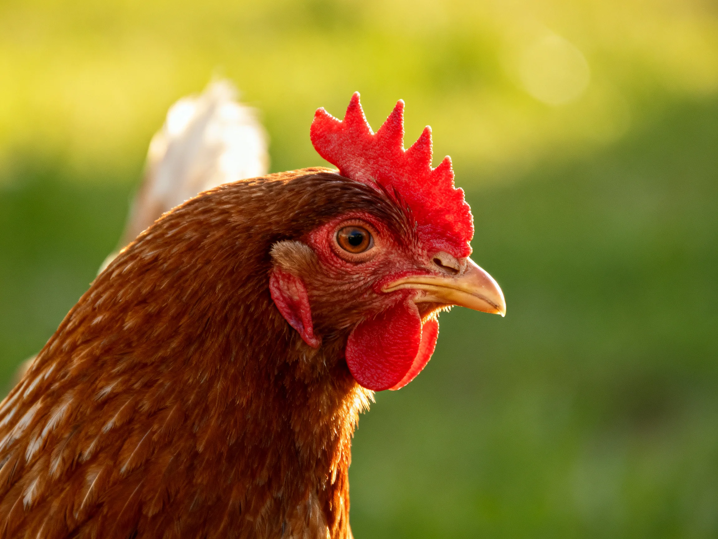 Close-up of a brown hen with vibrant red comb and wattles