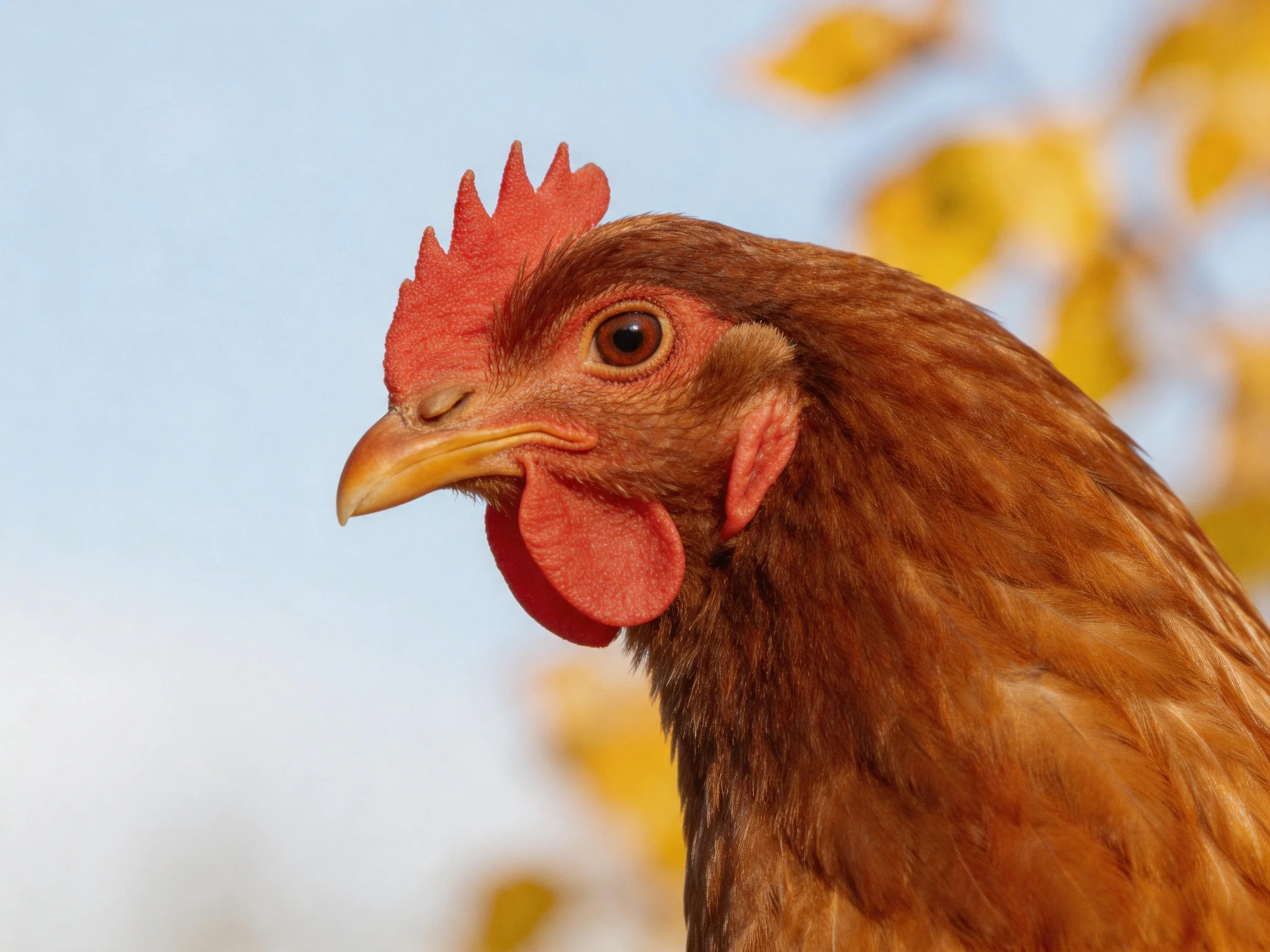 Close-up of a brown hen with vibrant red comb and wattles
