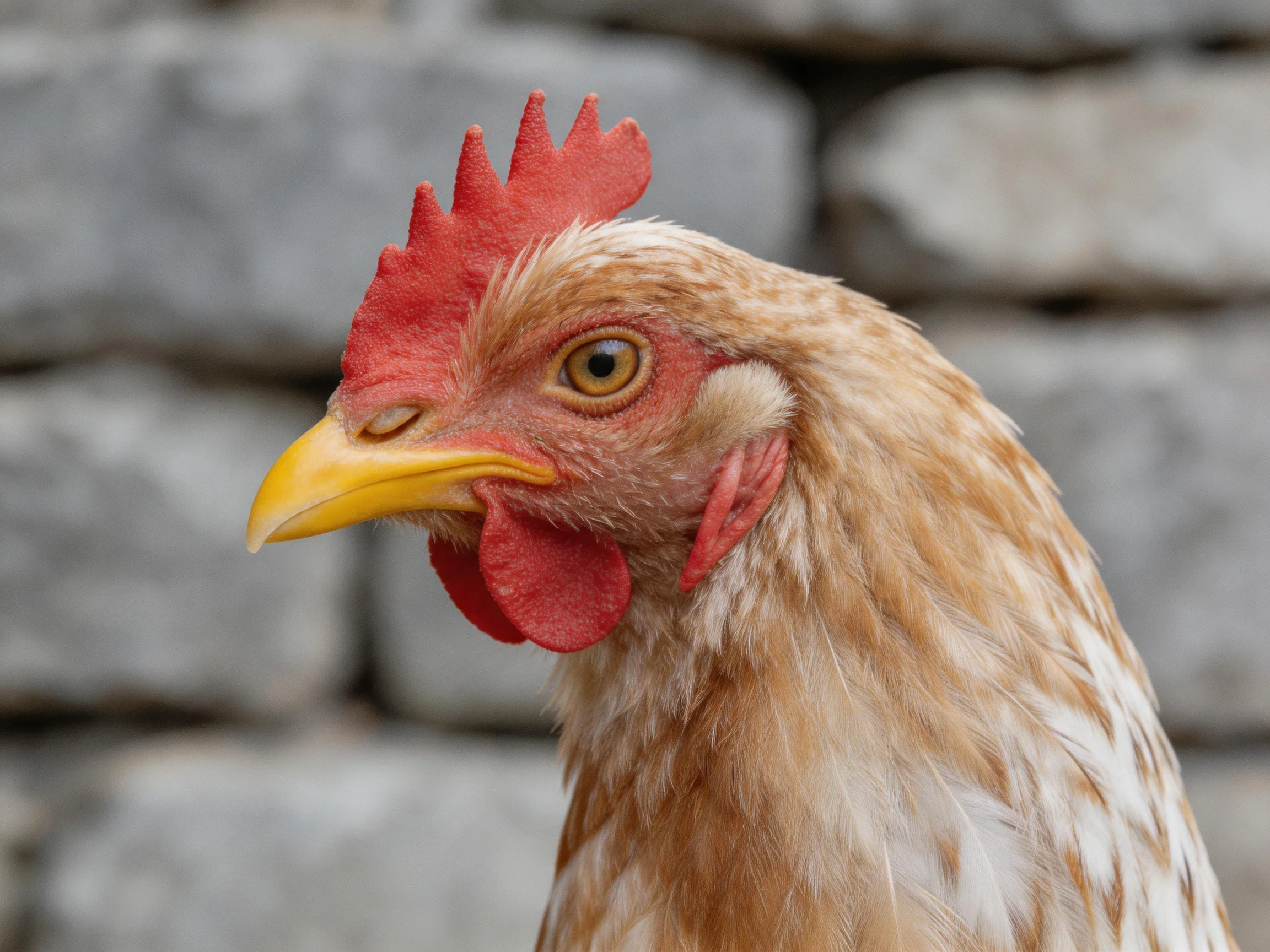 Close-up of a brown-speckled chicken with red comb beside gray stone wall