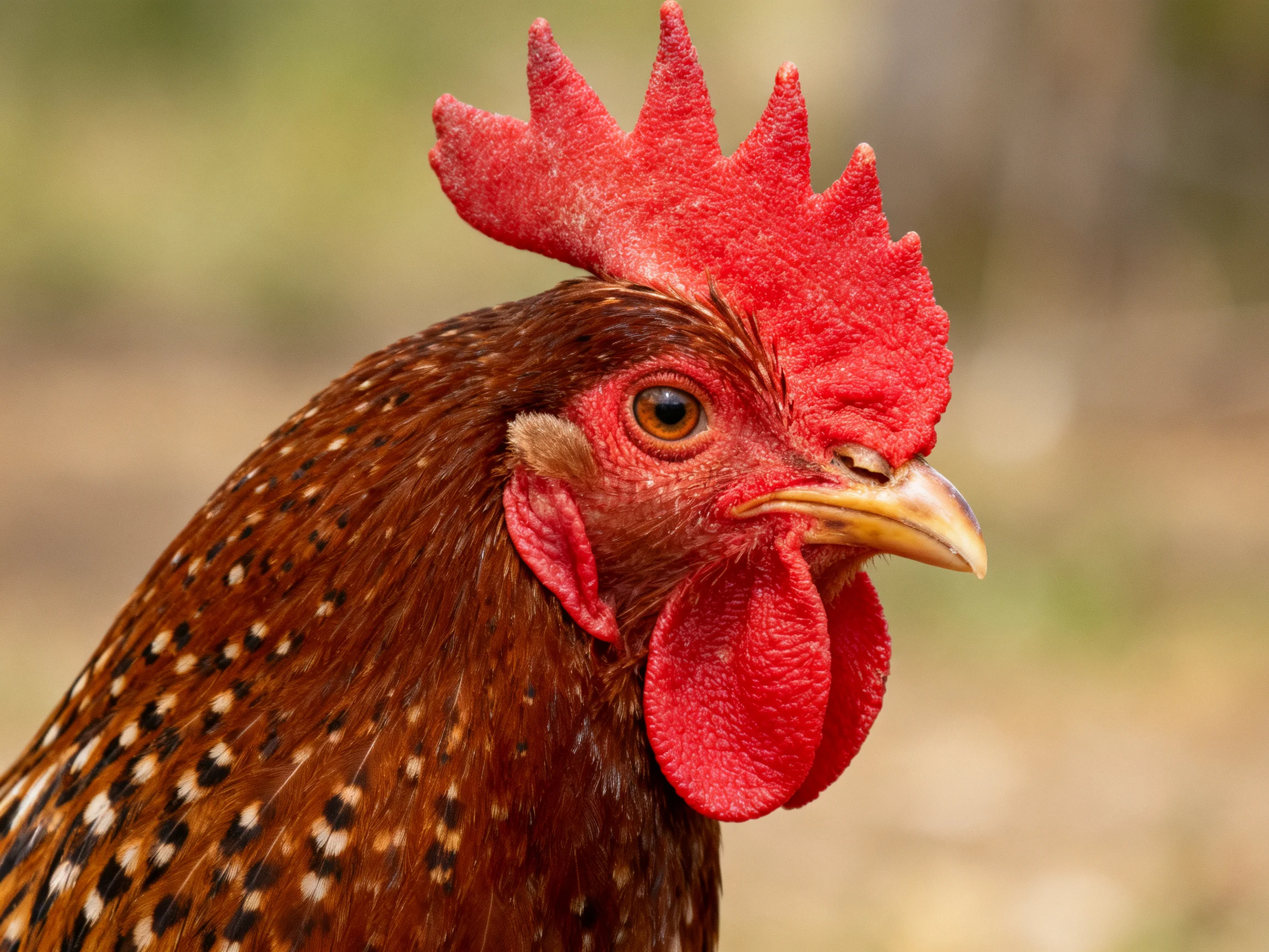 A brown-spotted chicken with vibrant red comb and wattles is shown in close-up.
