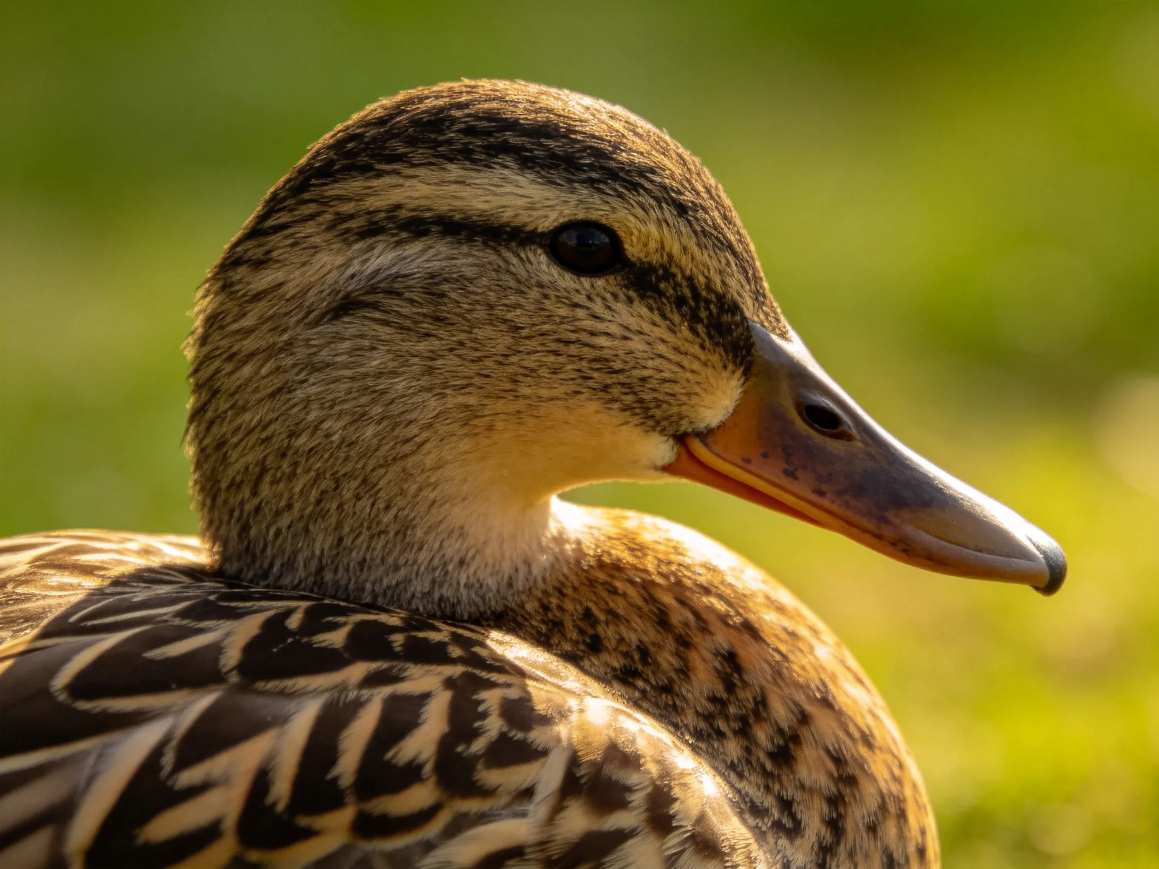 Close - up of a duck with brown and black patterned feathers, orange - tipped beak, green blurred bac