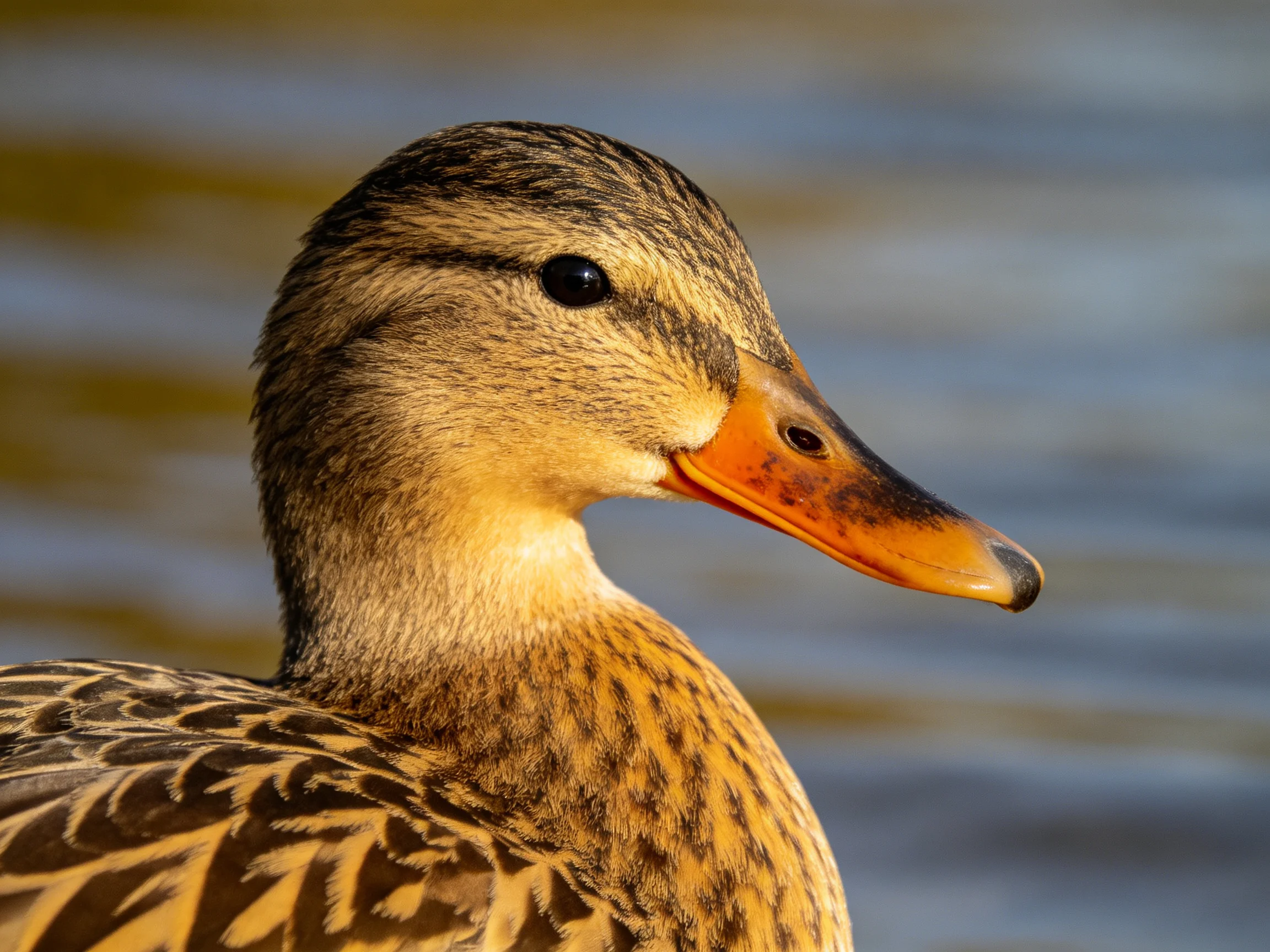 Close-up of a duck with orange beak and brown patterned feathers by calm water