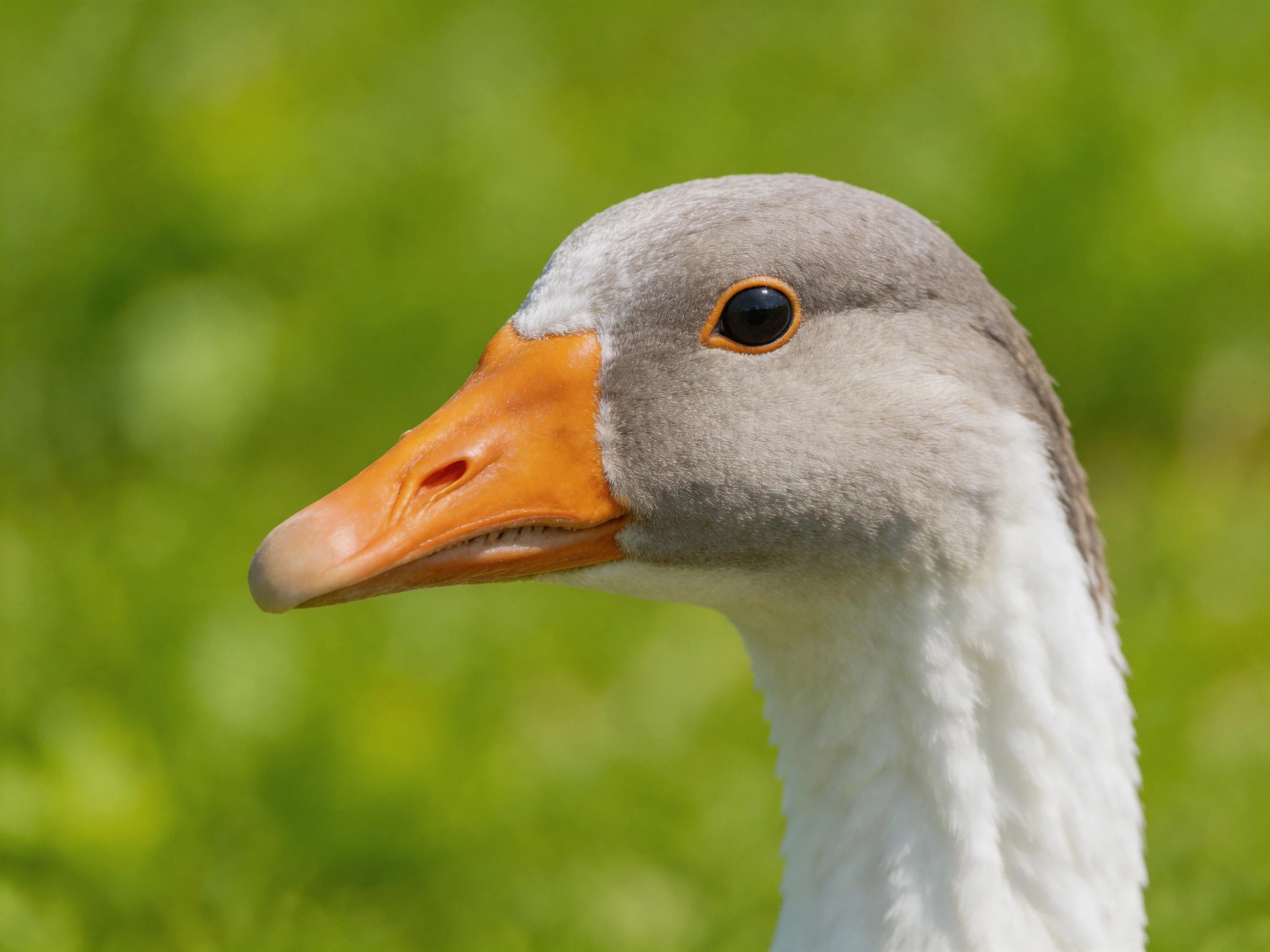 Close-up of a gray-headed goose with an orange beak near green foliage