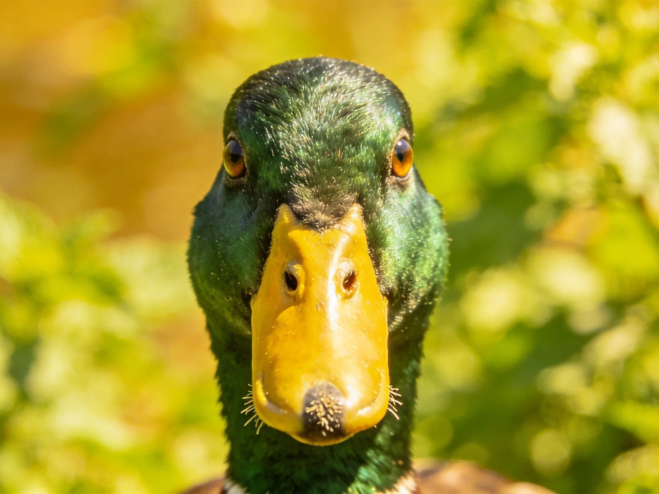 A duck with green head and yellow beak is photographed up close in a sunlit area.