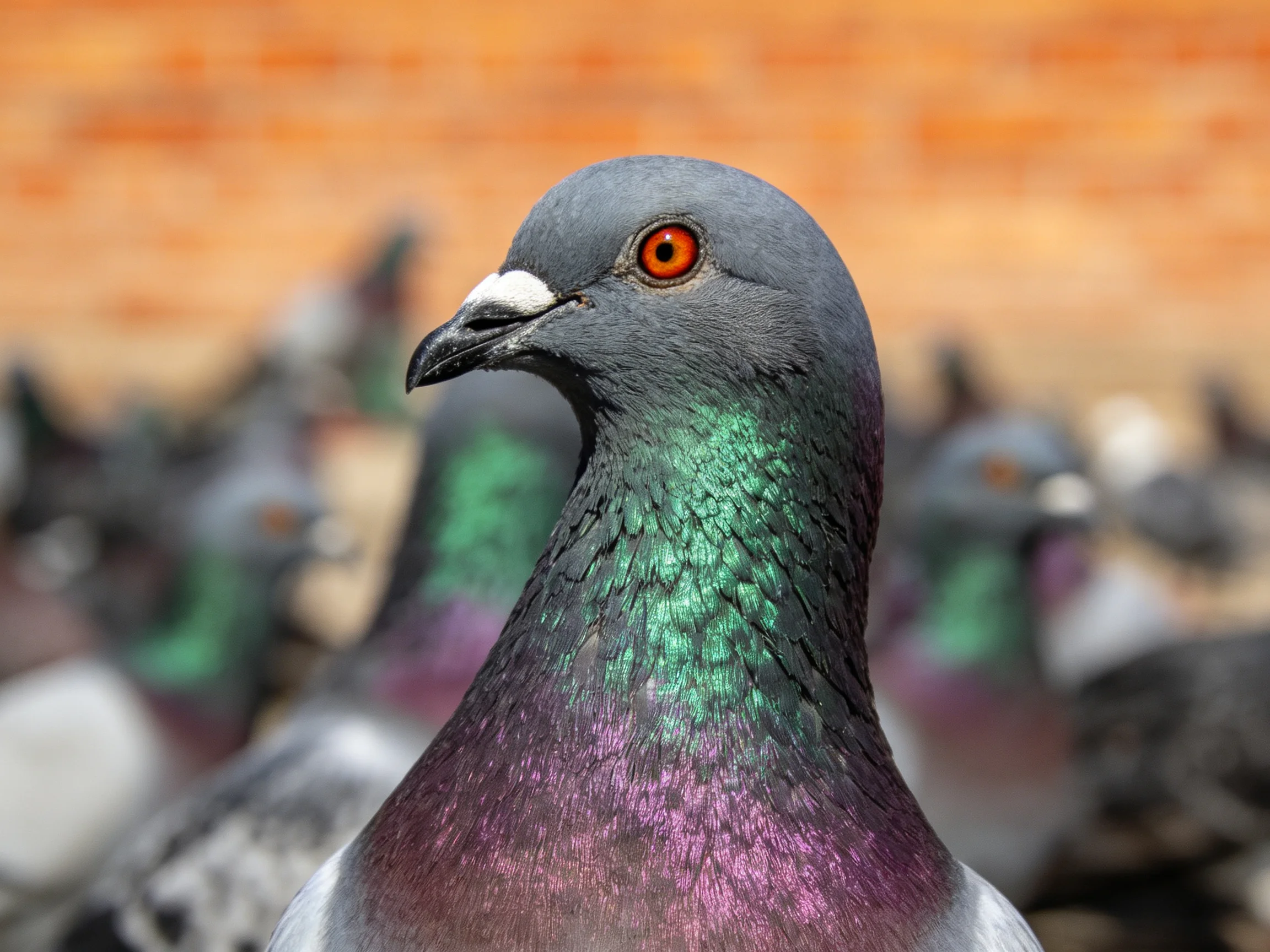 Close-up of a pigeon with iridescent green and purple neck feathers