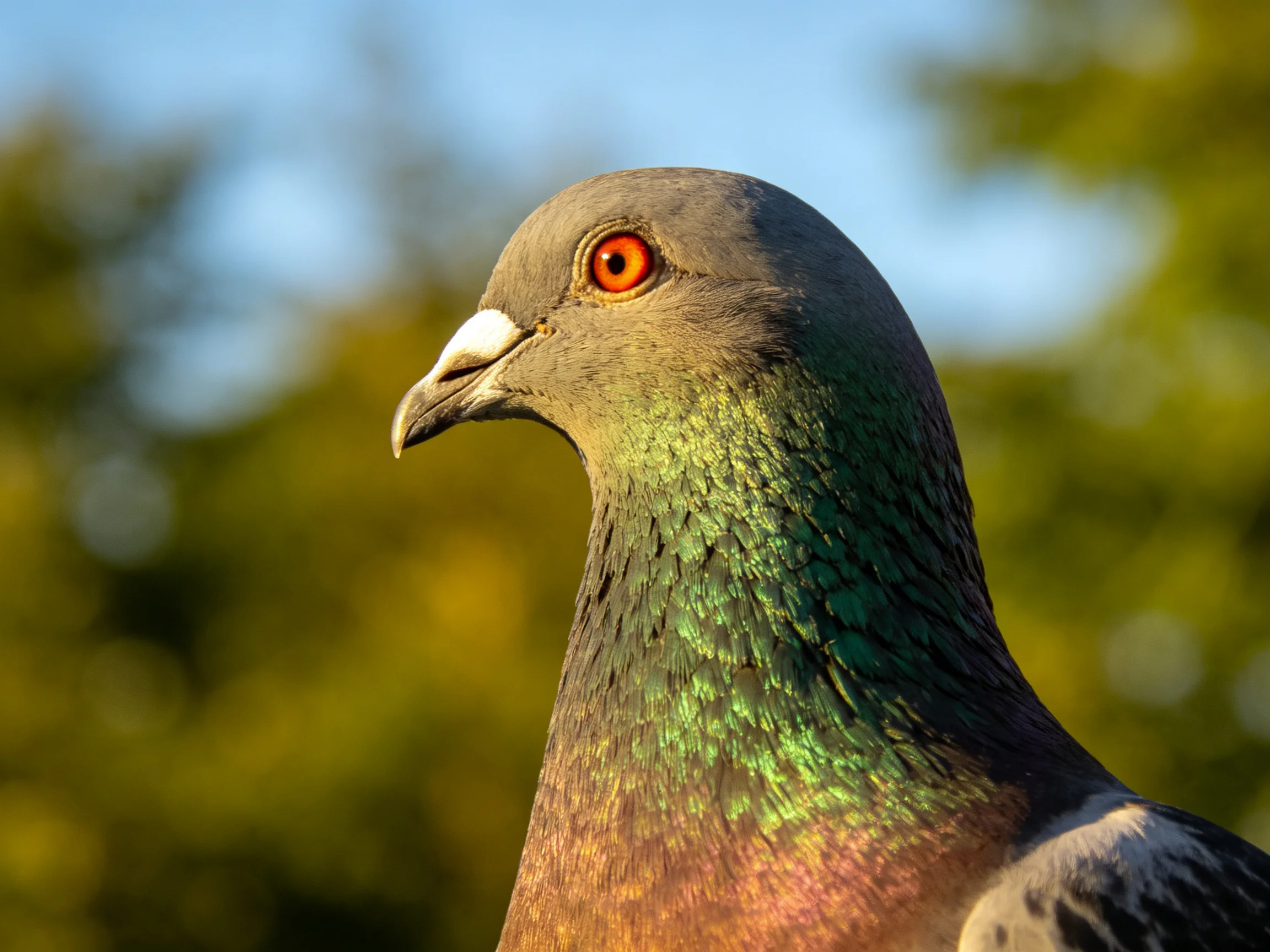 Close-up of a pigeon with iridescent green and purple neck feathers