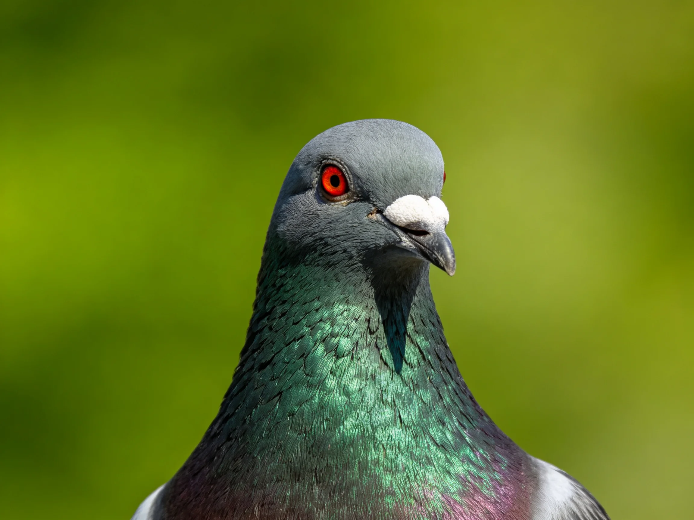 Close - up of a pigeon with iridescent green and purple plumage