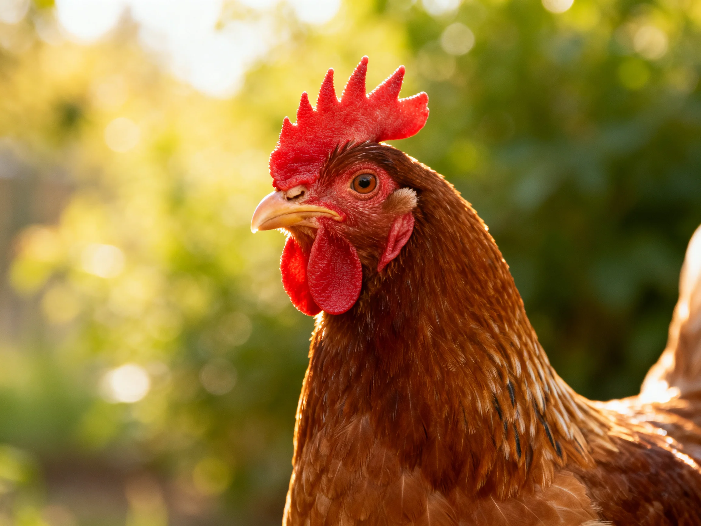 Close - up of a reddish - brown hen with bright red comb in natural light