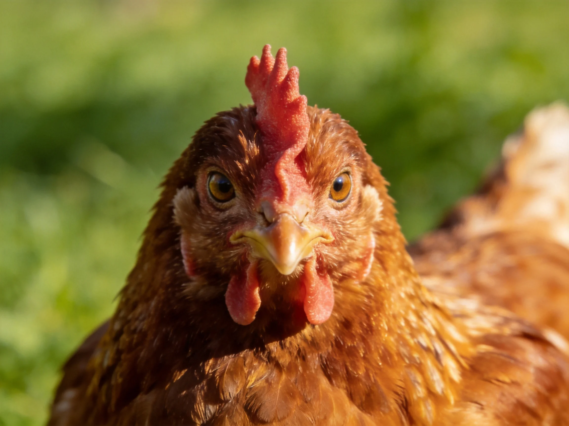 A hen with a bright red comb is photographed up close outdoors.
