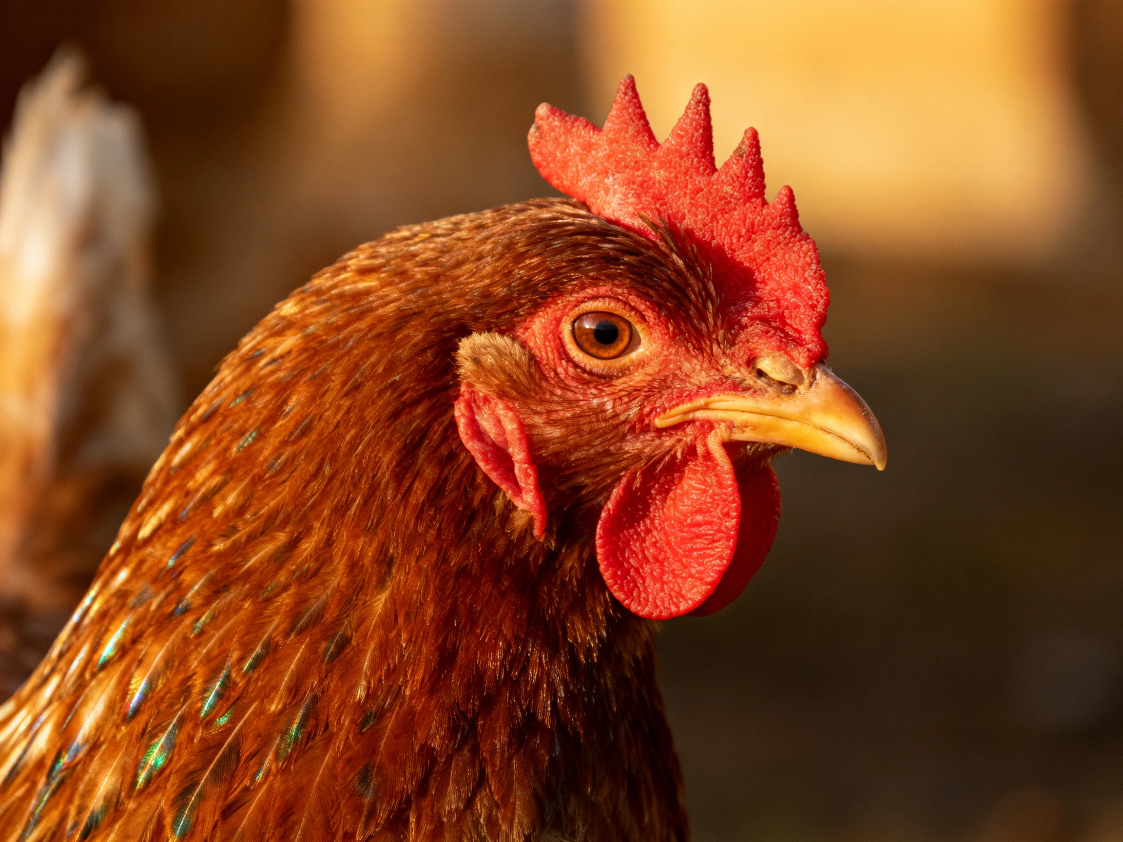 Close - up of a reddish - brown hen with red comb and speckled feathers