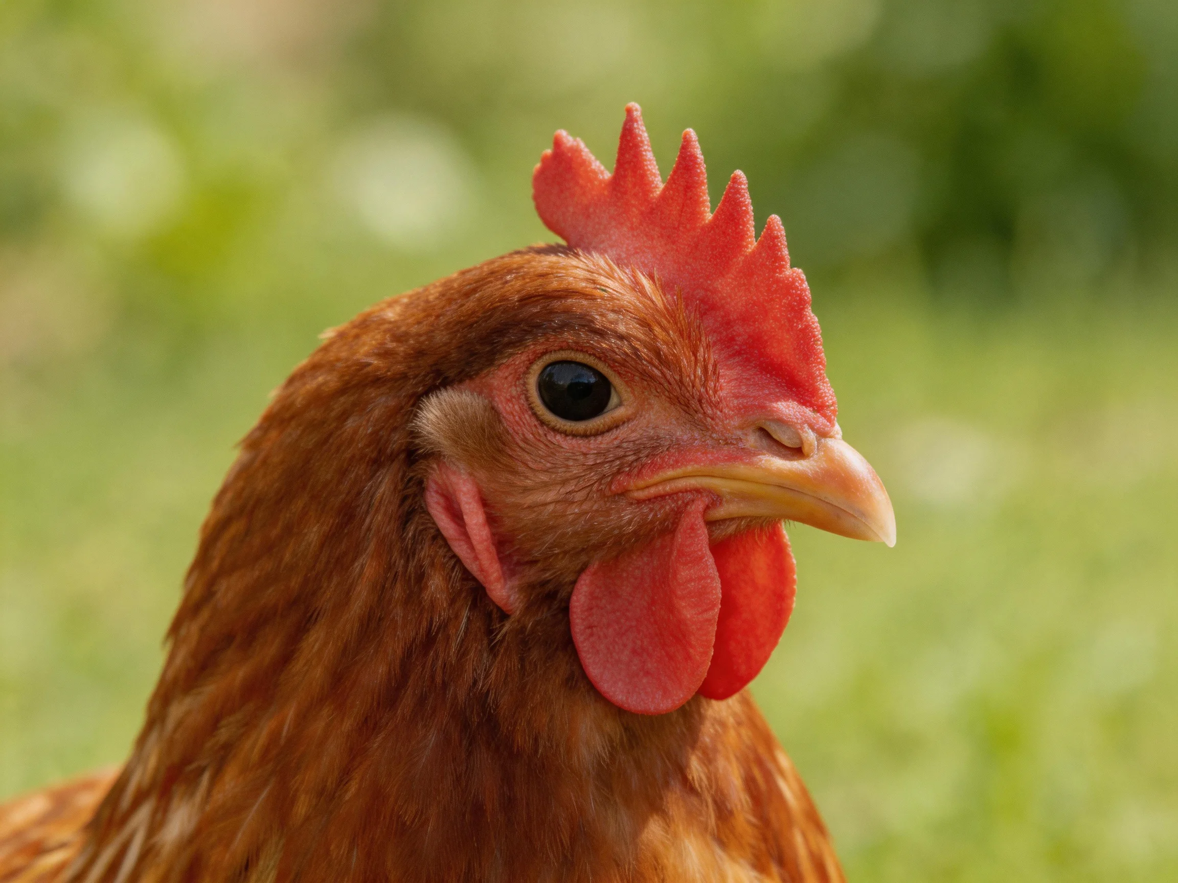 Close-up of a reddish-brown hen with vibrant red comb and wattles
