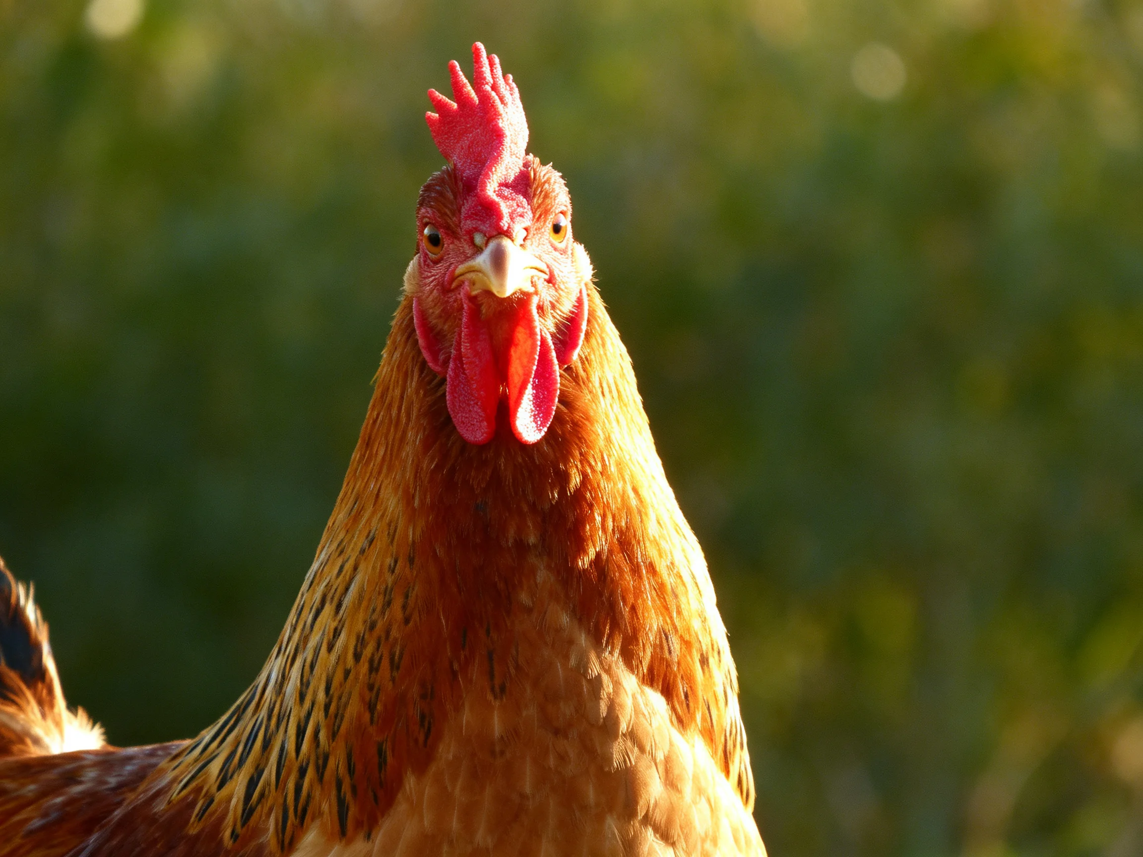 Close-up of a reddish-brown hen with vibrant red comb