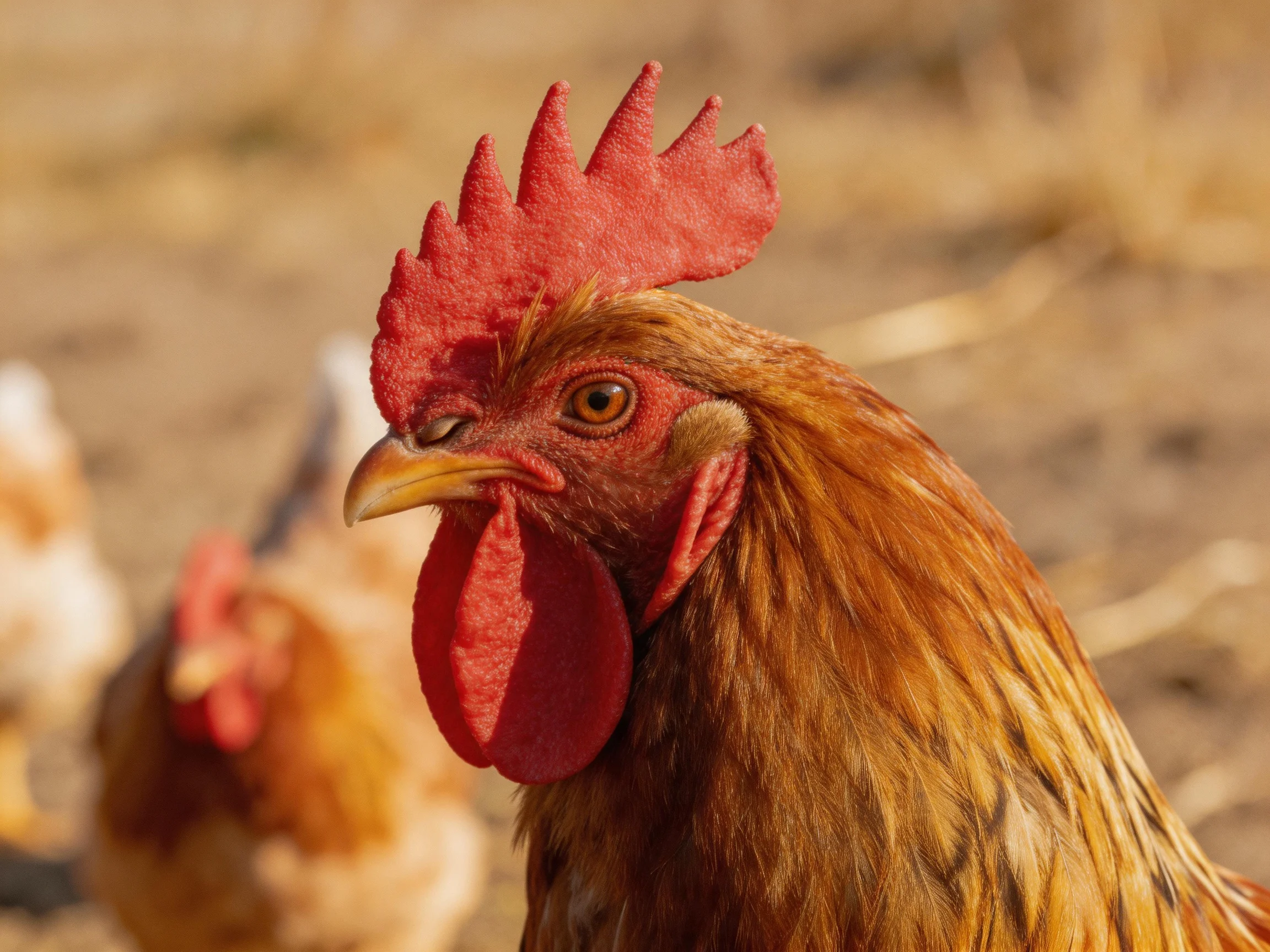 A reddish-brown rooster with a bright red comb is featured prominently among other chickens.