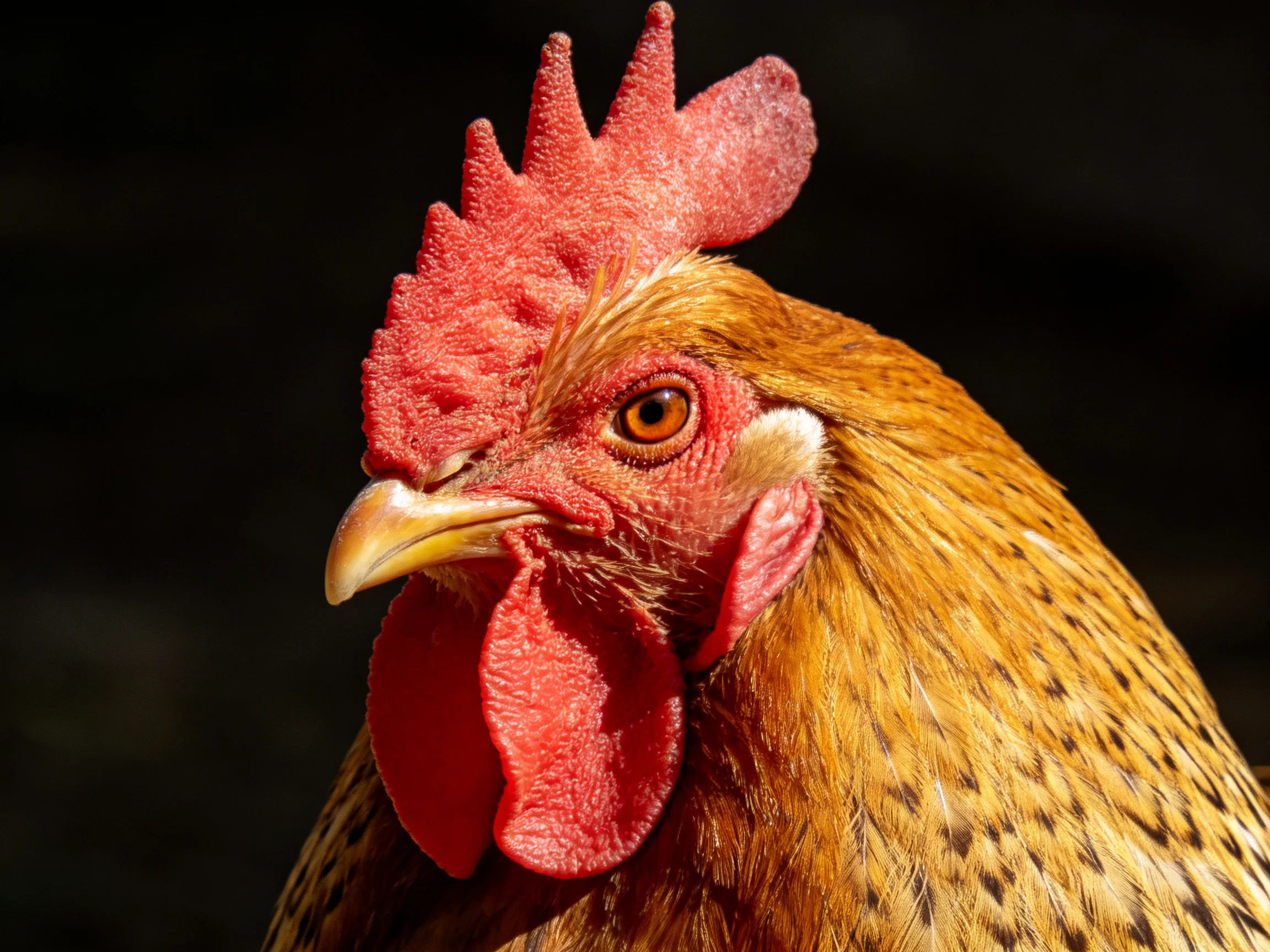 Close-up of a rooster with vibrant red comb and golden-brown speckled feathers
