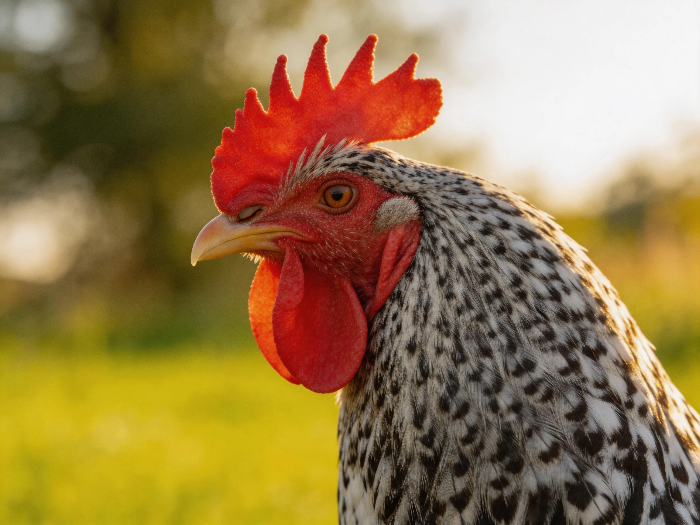 Close-up of a rooster with vibrant red comb and speckled plumage in a sunlit field