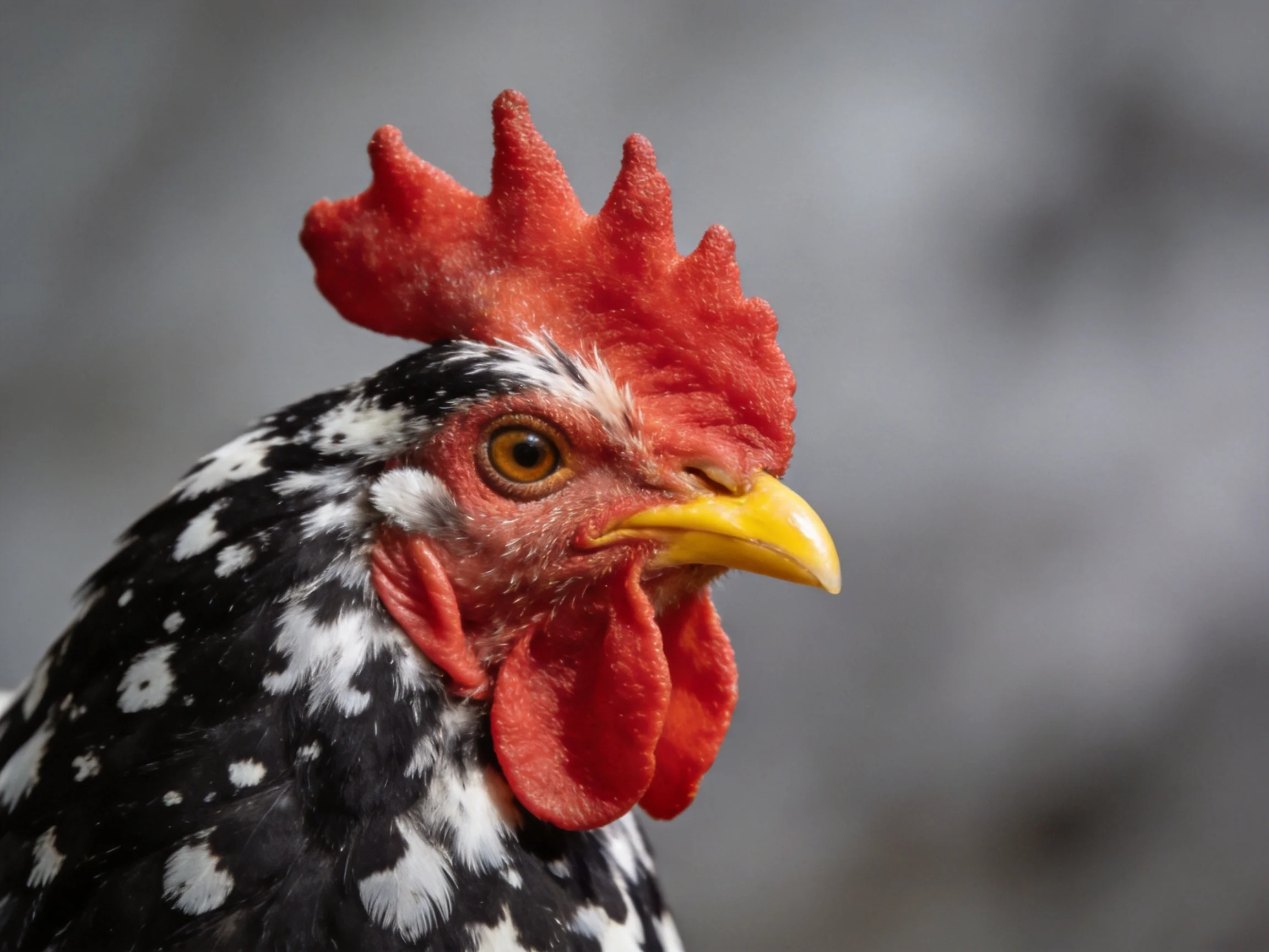 Close-up of a rooster with vibrant red comb, yellow beak, and black-and-white spotted feathers