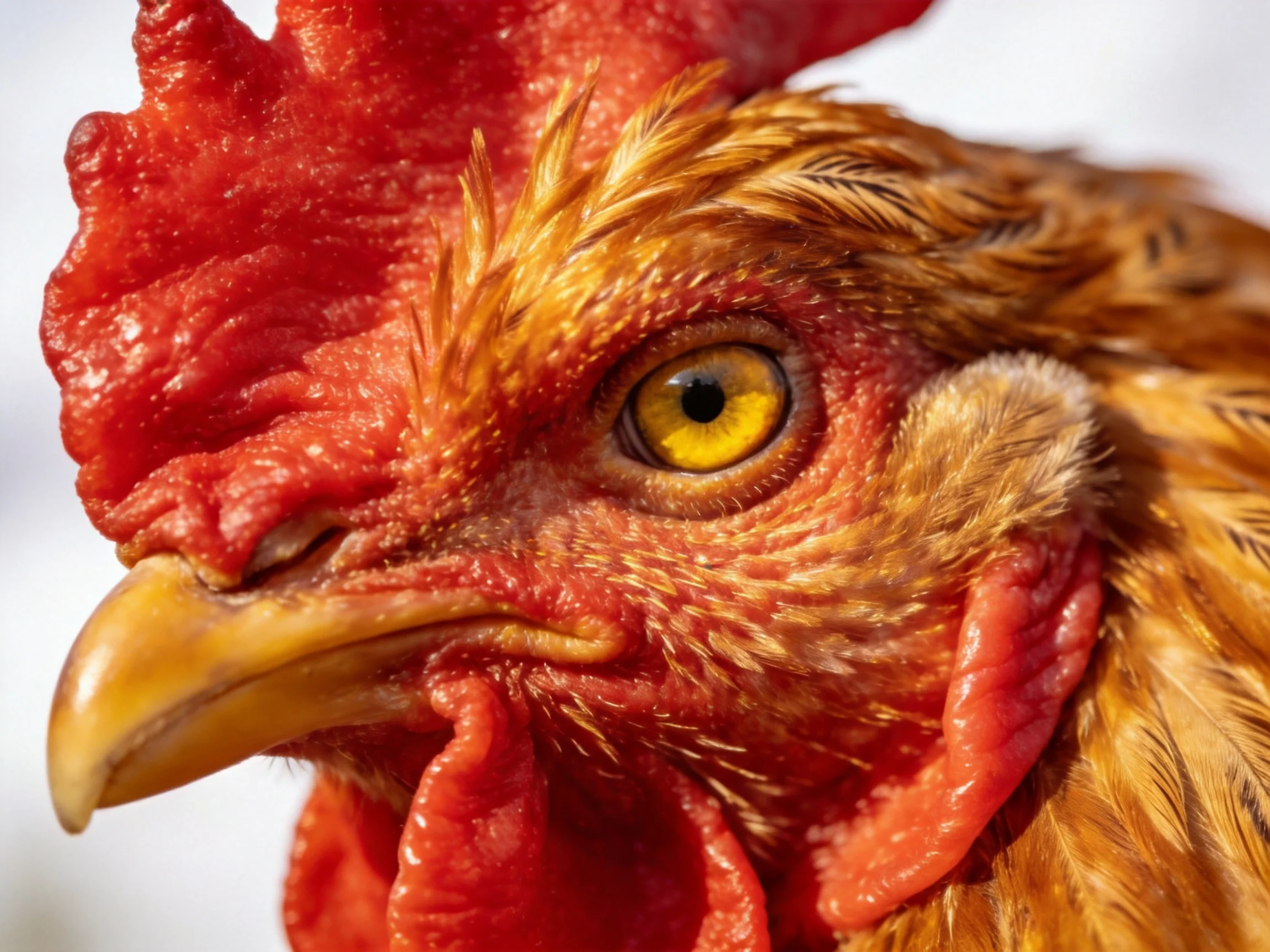 Close-up of a rooster with vivid red comb and golden-brown feathers