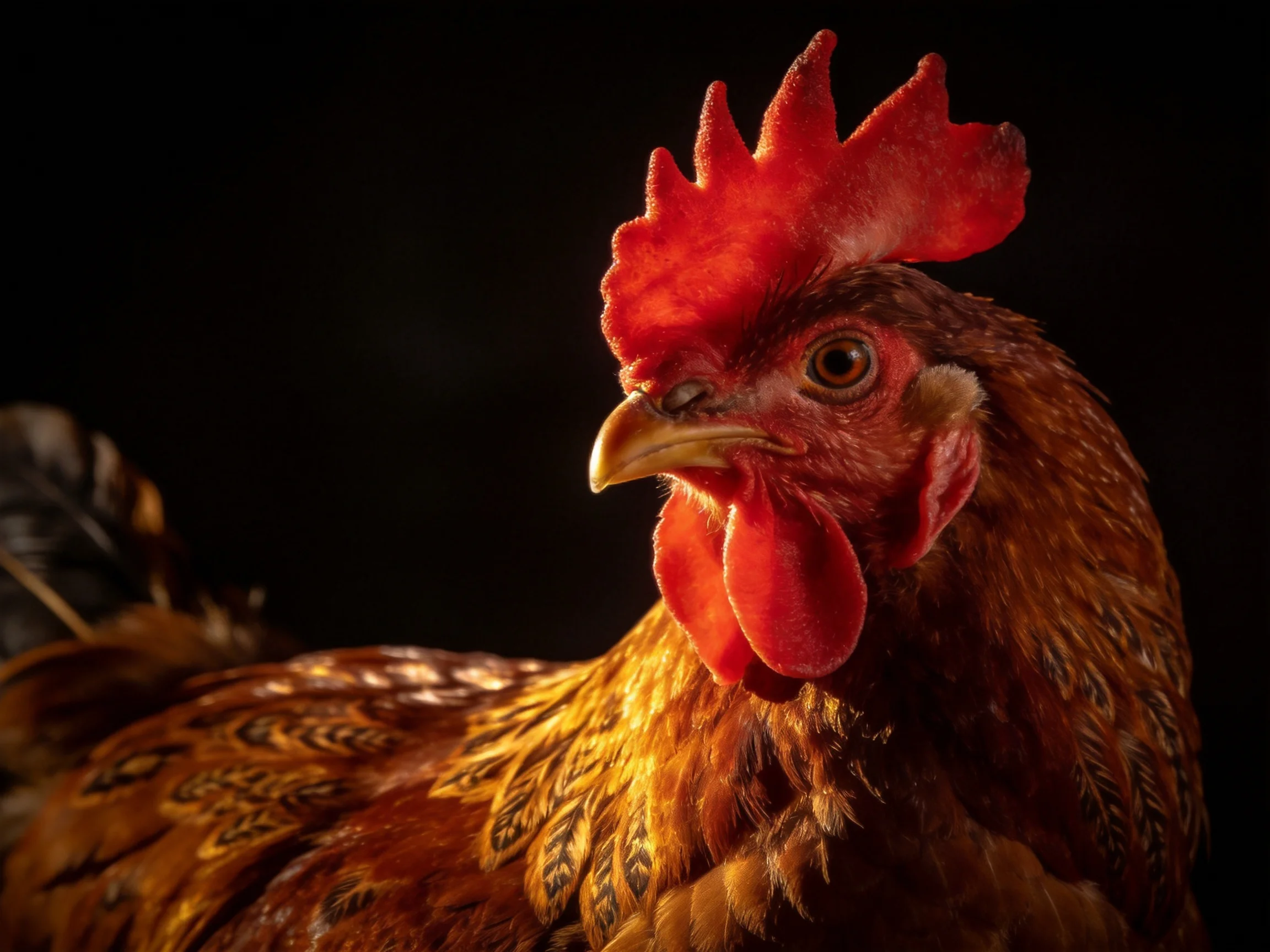 Close - up of a rooster with vivid red comb and rich brown plumage
