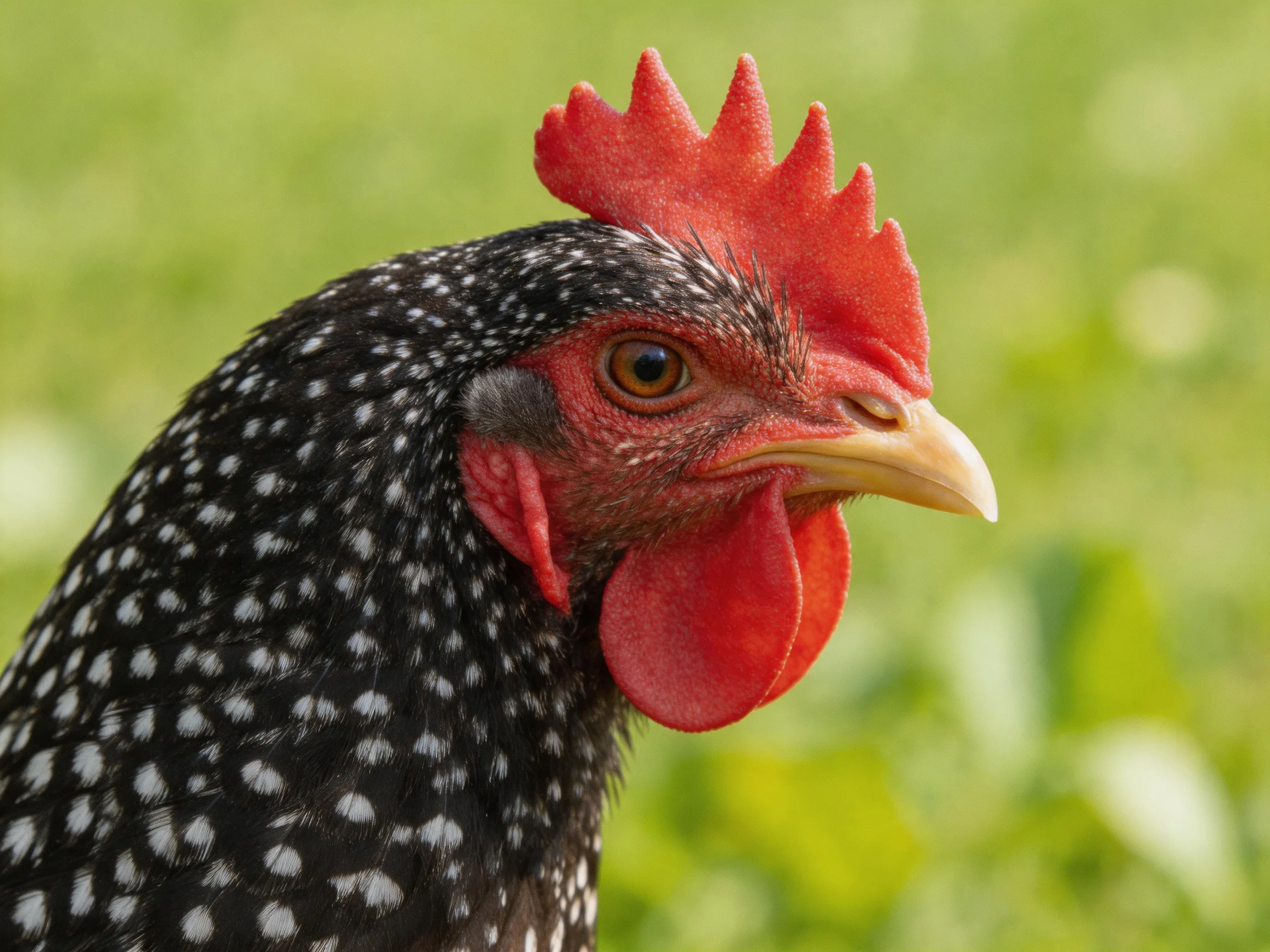 Close-up of a speckled chicken with vibrant red comb and wattles